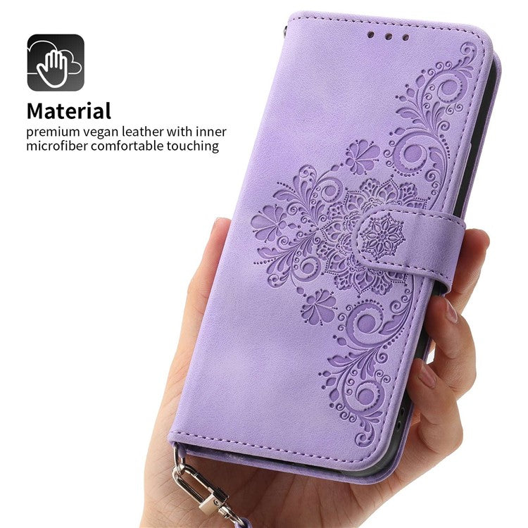 Skin-touch Multiple Card Slots Phone Case for Oppo A17 4G / A17k 4G , Imprinted Flowers Stand PU Leather Wallet Cover with Wrist Strap and Shoulder Strap - Light Purple
