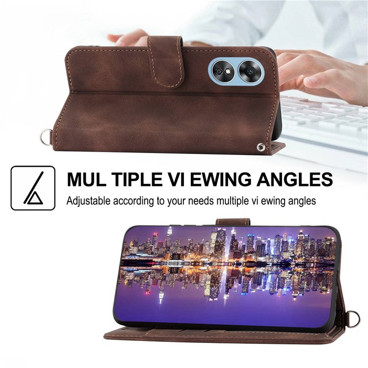 Skin-touch Multiple Card Slots Phone Case for Oppo A17 4G / A17k 4G , Imprinted Flowers Stand PU Leather Wallet Cover with Wrist Strap and Shoulder Strap - Brown
