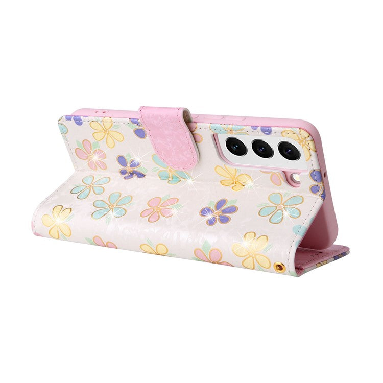 For Samsung Galaxy S23 PU Leather Shockproof Phone Stand Case Stylish Lacquered RFID Blocking Wallet Cover - Colorful Flower