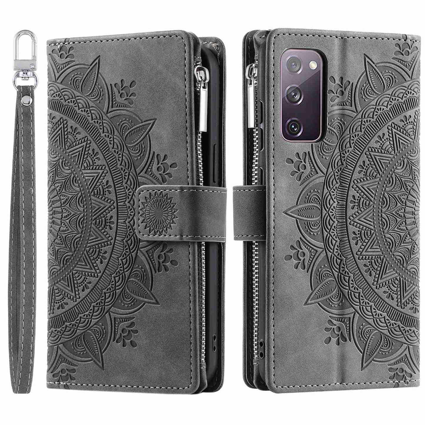 For Samsung Galaxy S20 FE 4G / 5G / S20 FE 2022 / S20 Lite Zipper Pocket Phone Case, Anti-fall Mandala Flower Imprinted PU Leather Stand Cover Multiple Card Slots Wallet - Grey
