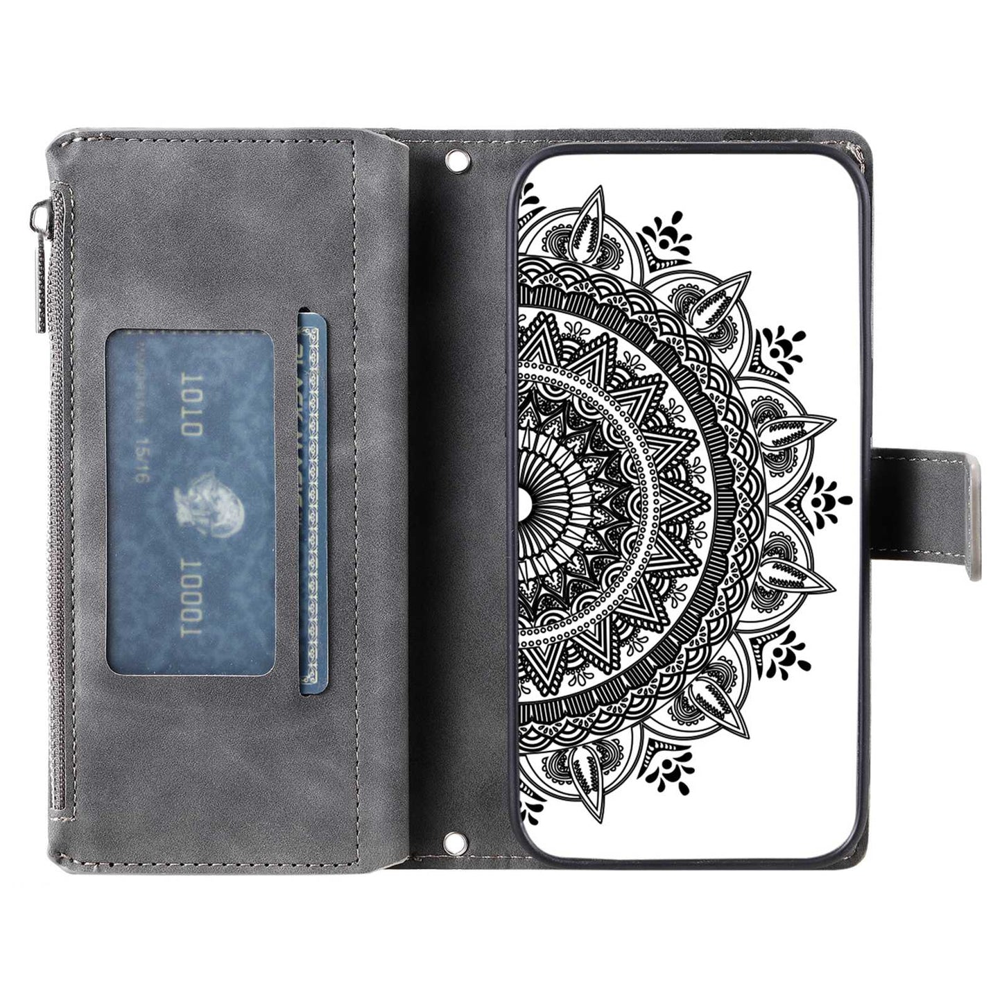 For Samsung Galaxy S20 FE 4G / 5G / S20 FE 2022 / S20 Lite Zipper Pocket Phone Case, Anti-fall Mandala Flower Imprinted PU Leather Stand Cover Multiple Card Slots Wallet - Grey