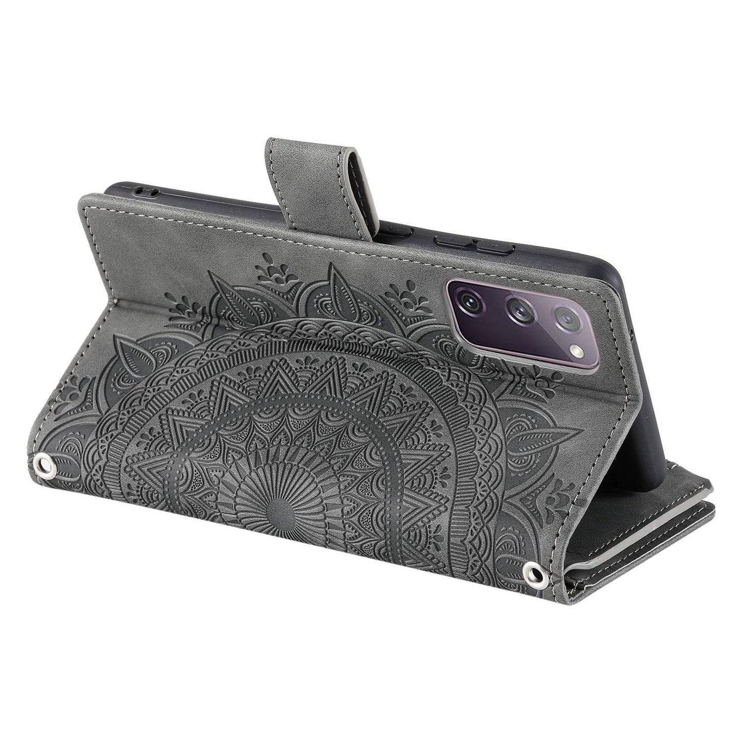 For Samsung Galaxy S20 FE 4G / 5G / S20 FE 2022 / S20 Lite Zipper Pocket Phone Case, Anti-fall Mandala Flower Imprinted PU Leather Stand Cover Multiple Card Slots Wallet - Grey