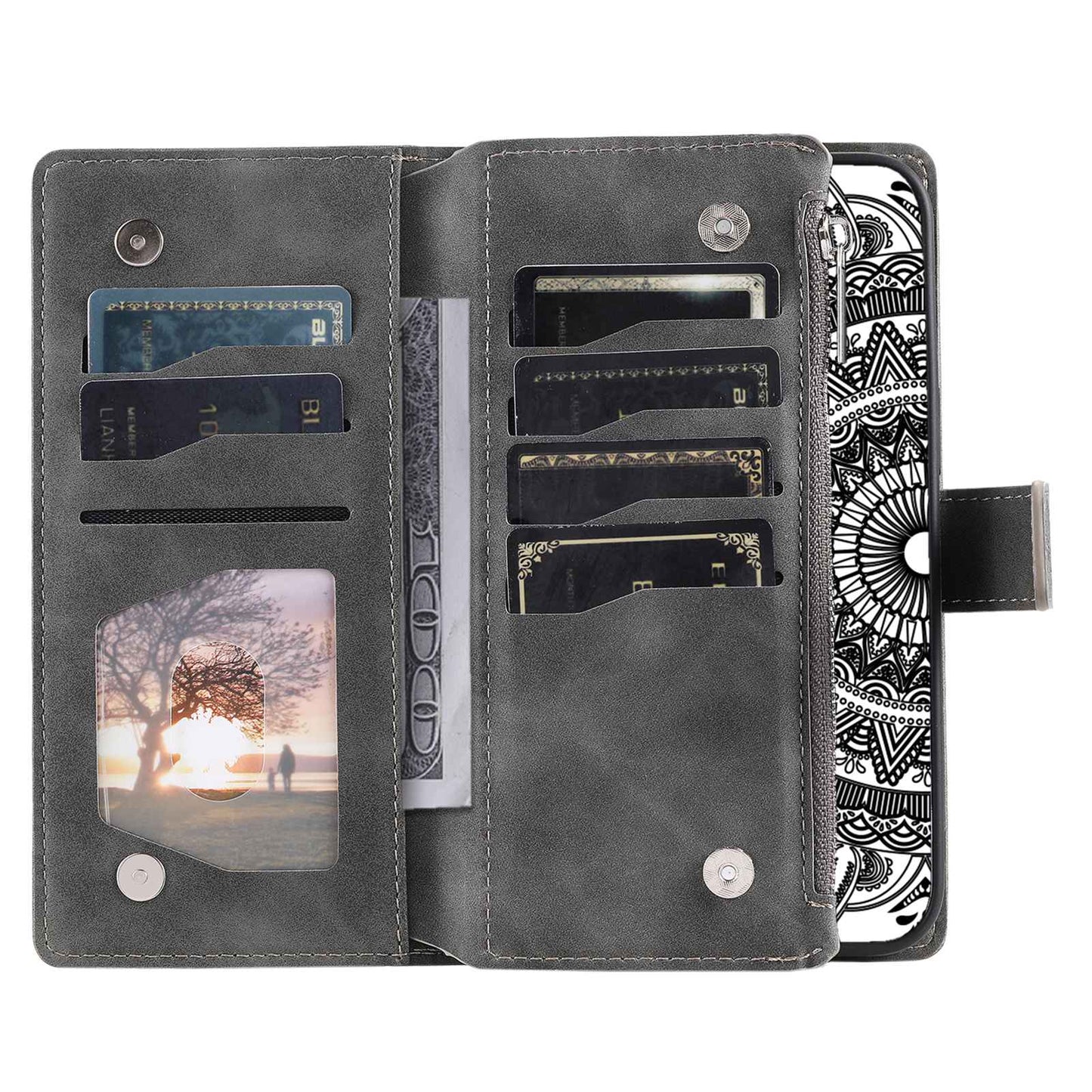 For Samsung Galaxy S20 FE 4G / 5G / S20 FE 2022 / S20 Lite Zipper Pocket Phone Case, Anti-fall Mandala Flower Imprinted PU Leather Stand Cover Multiple Card Slots Wallet - Grey