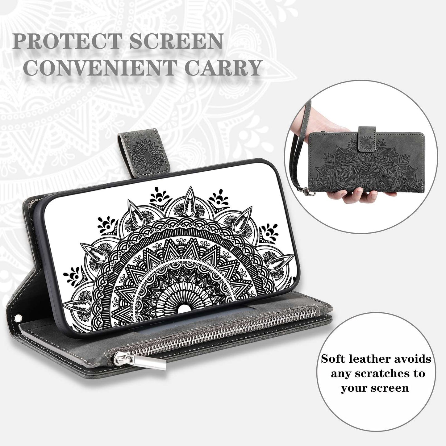 For Samsung Galaxy S20 FE 4G / 5G / S20 FE 2022 / S20 Lite Zipper Pocket Phone Case, Anti-fall Mandala Flower Imprinted PU Leather Stand Cover Multiple Card Slots Wallet - Grey