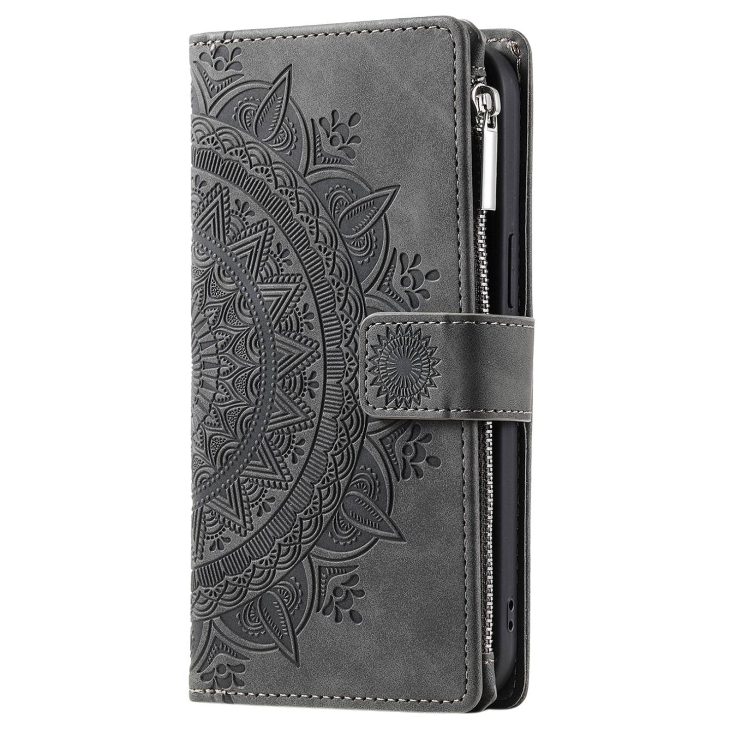 For Samsung Galaxy S20 FE 4G / 5G / S20 FE 2022 / S20 Lite Zipper Pocket Phone Case, Anti-fall Mandala Flower Imprinted PU Leather Stand Cover Multiple Card Slots Wallet - Grey