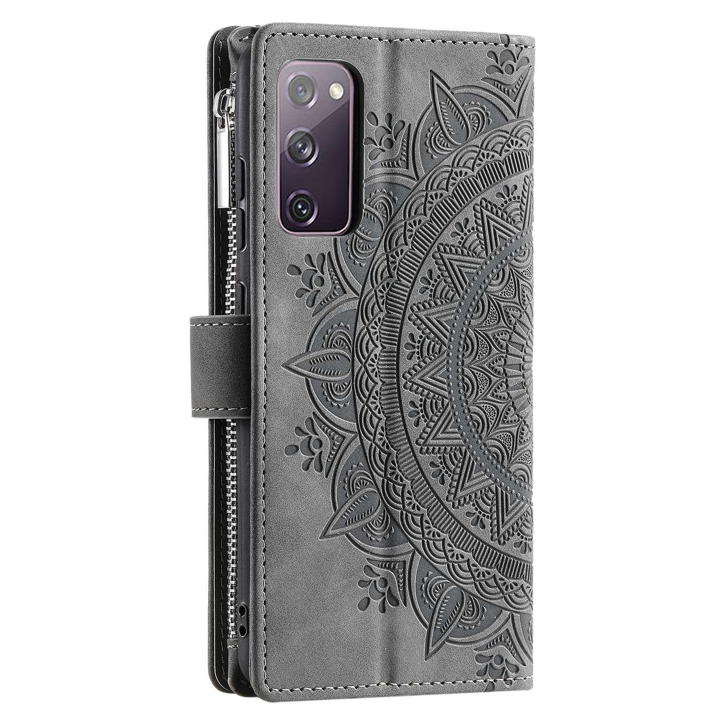 For Samsung Galaxy S20 FE 4G / 5G / S20 FE 2022 / S20 Lite Zipper Pocket Phone Case, Anti-fall Mandala Flower Imprinted PU Leather Stand Cover Multiple Card Slots Wallet - Grey