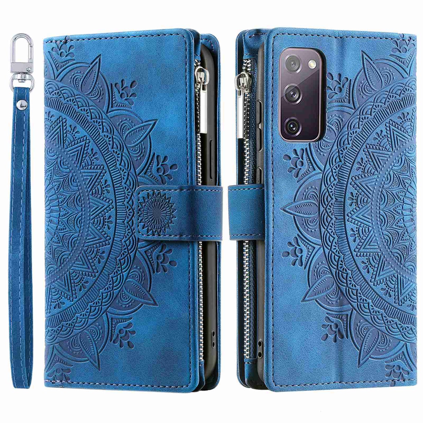 For Samsung Galaxy S20 FE 4G / 5G / S20 FE 2022 / S20 Lite Zipper Pocket Phone Case, Anti-fall Mandala Flower Imprinted PU Leather Stand Cover Multiple Card Slots Wallet - Blue