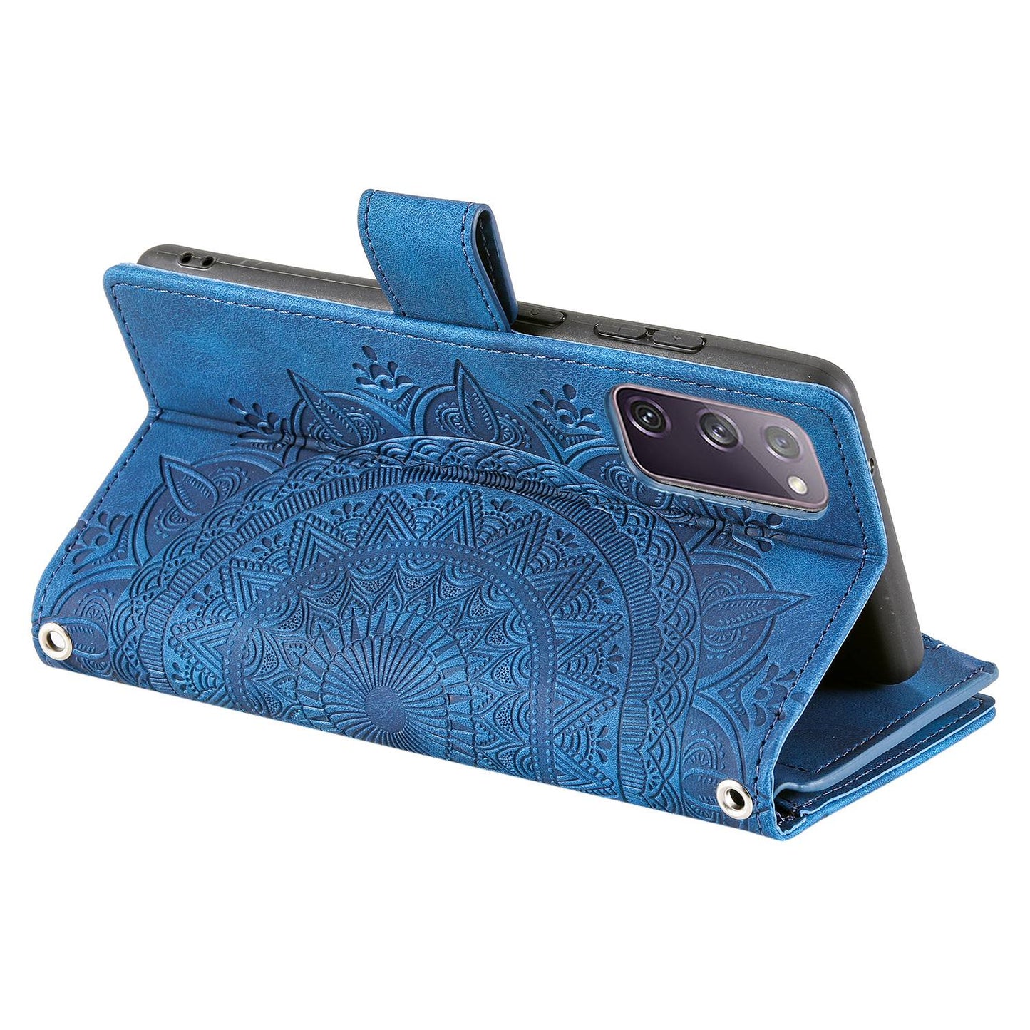 For Samsung Galaxy S20 FE 4G / 5G / S20 FE 2022 / S20 Lite Zipper Pocket Phone Case, Anti-fall Mandala Flower Imprinted PU Leather Stand Cover Multiple Card Slots Wallet - Blue