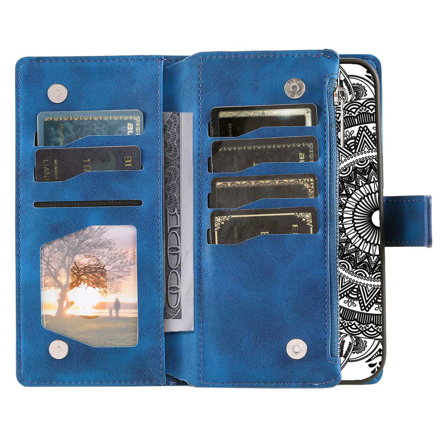 For Samsung Galaxy S20 FE 4G / 5G / S20 FE 2022 / S20 Lite Zipper Pocket Phone Case, Anti-fall Mandala Flower Imprinted PU Leather Stand Cover Multiple Card Slots Wallet - Blue