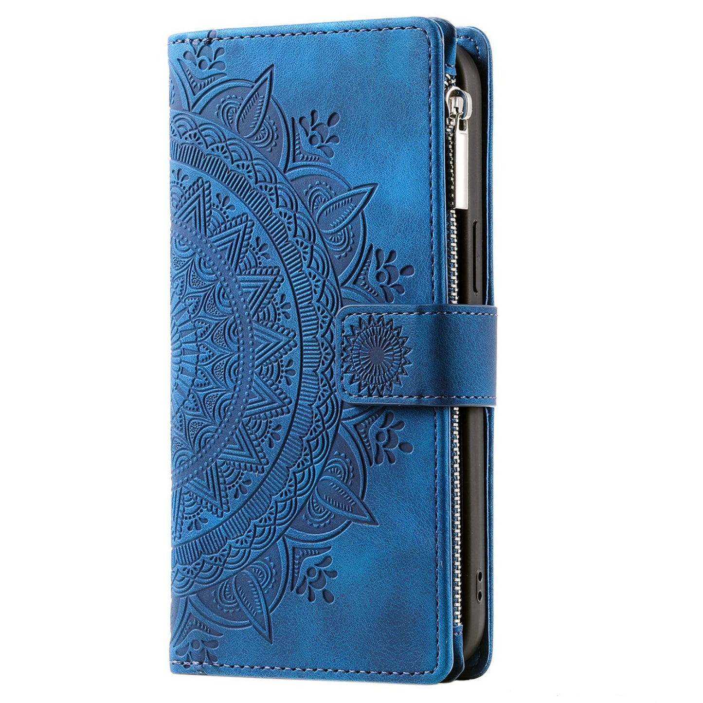 For Samsung Galaxy S20 FE 4G / 5G / S20 FE 2022 / S20 Lite Zipper Pocket Phone Case, Anti-fall Mandala Flower Imprinted PU Leather Stand Cover Multiple Card Slots Wallet - Blue