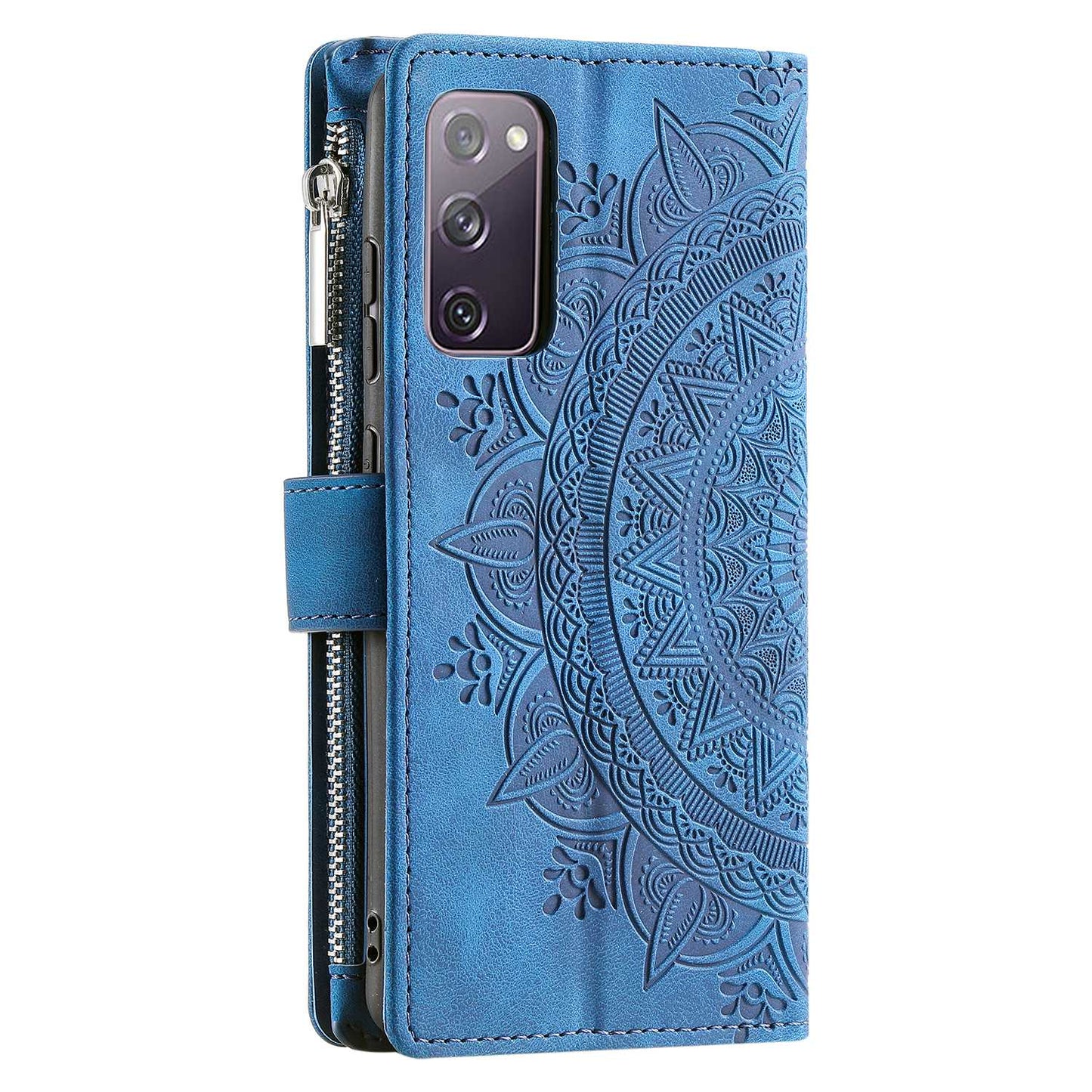For Samsung Galaxy S20 FE 4G / 5G / S20 FE 2022 / S20 Lite Zipper Pocket Phone Case, Anti-fall Mandala Flower Imprinted PU Leather Stand Cover Multiple Card Slots Wallet - Blue