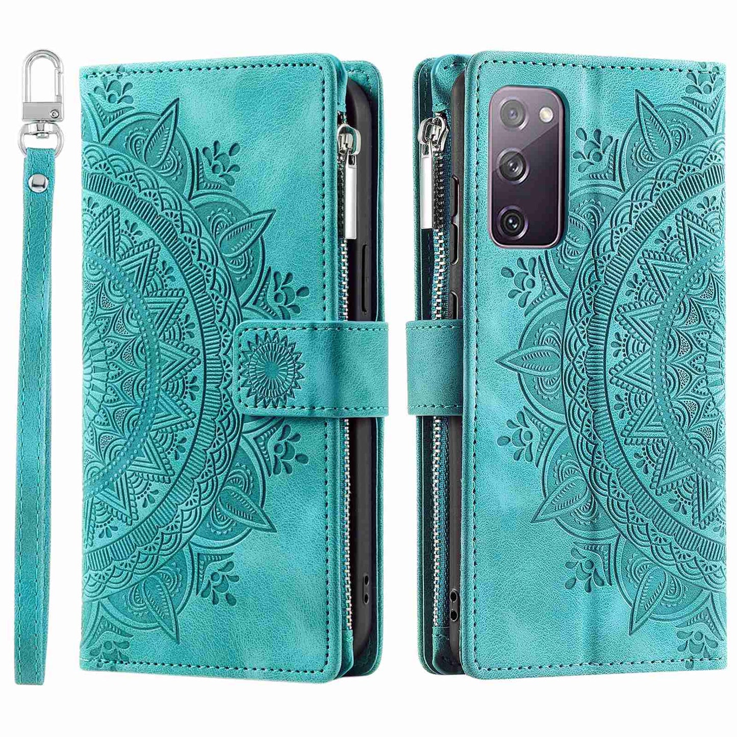 For Samsung Galaxy S20 FE 4G / 5G / S20 FE 2022 / S20 Lite Zipper Pocket Phone Case, Anti-fall Mandala Flower Imprinted PU Leather Stand Cover Multiple Card Slots Wallet - Green