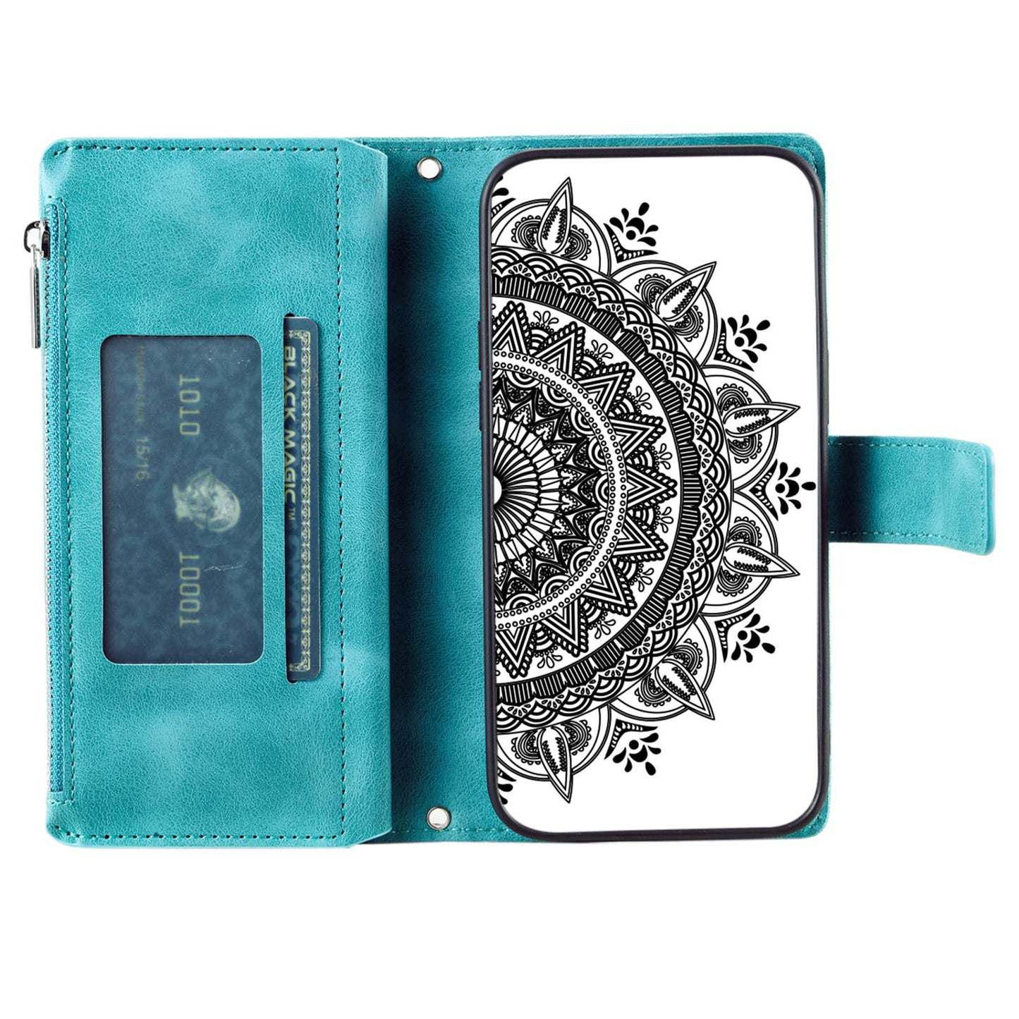 For Samsung Galaxy S20 FE 4G / 5G / S20 FE 2022 / S20 Lite Zipper Pocket Phone Case, Anti-fall Mandala Flower Imprinted PU Leather Stand Cover Multiple Card Slots Wallet - Green