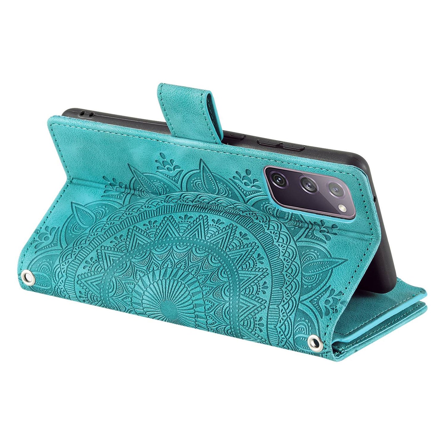 For Samsung Galaxy S20 FE 4G / 5G / S20 FE 2022 / S20 Lite Zipper Pocket Phone Case, Anti-fall Mandala Flower Imprinted PU Leather Stand Cover Multiple Card Slots Wallet - Green