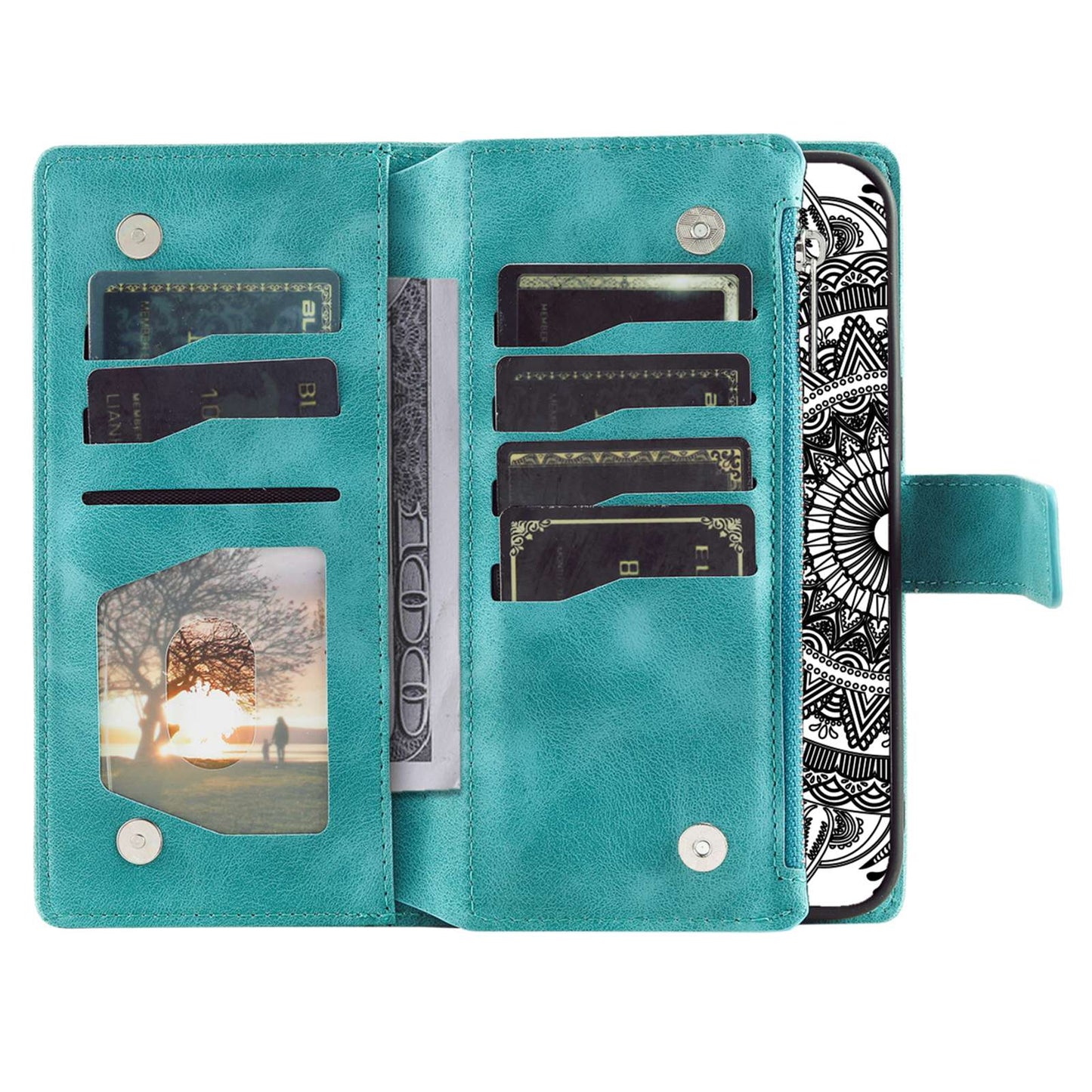For Samsung Galaxy S20 FE 4G / 5G / S20 FE 2022 / S20 Lite Zipper Pocket Phone Case, Anti-fall Mandala Flower Imprinted PU Leather Stand Cover Multiple Card Slots Wallet - Green