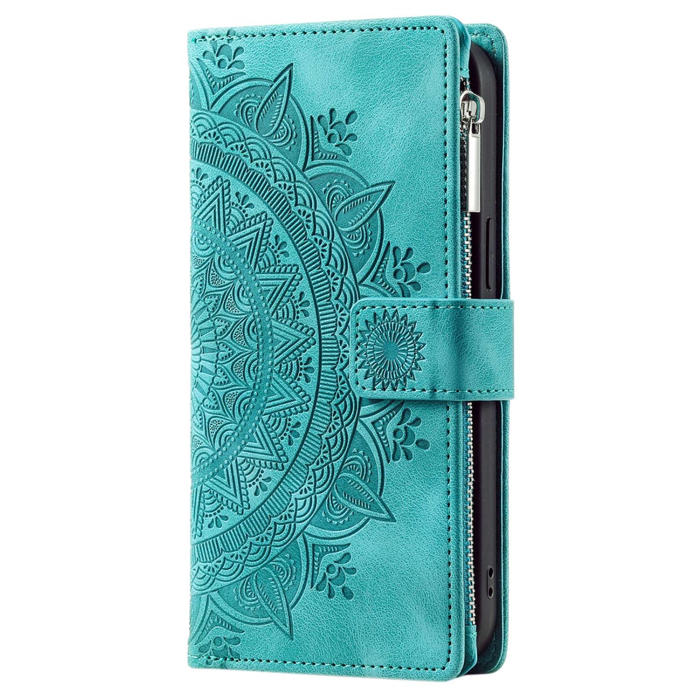 For Samsung Galaxy S20 FE 4G / 5G / S20 FE 2022 / S20 Lite Zipper Pocket Phone Case, Anti-fall Mandala Flower Imprinted PU Leather Stand Cover Multiple Card Slots Wallet - Green