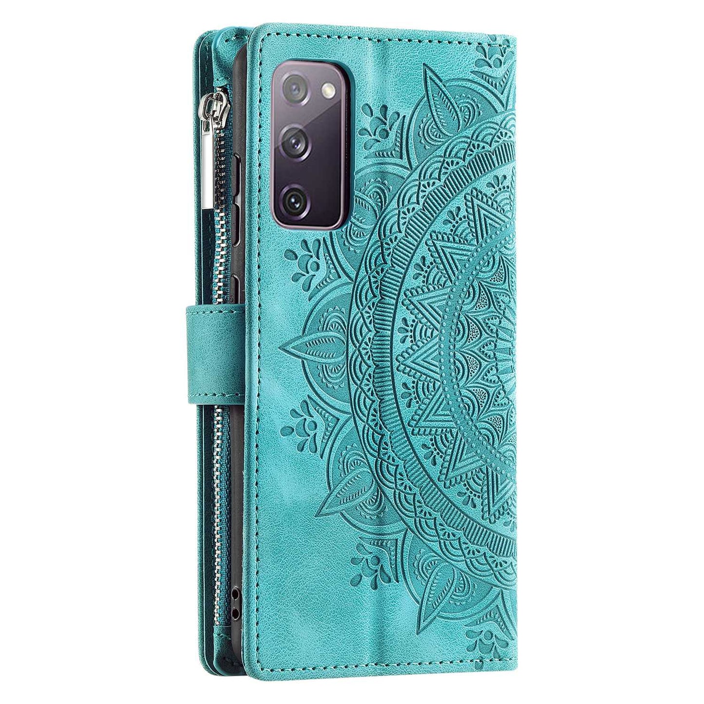 For Samsung Galaxy S20 FE 4G / 5G / S20 FE 2022 / S20 Lite Zipper Pocket Phone Case, Anti-fall Mandala Flower Imprinted PU Leather Stand Cover Multiple Card Slots Wallet - Green