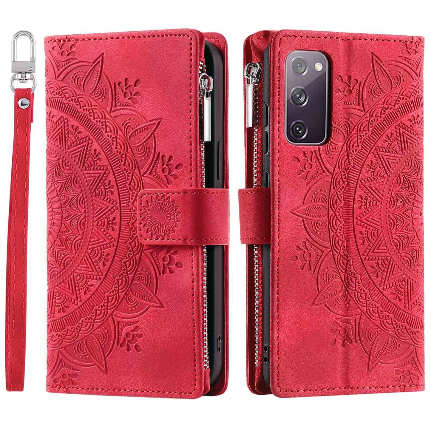 For Samsung Galaxy S20 FE 4G / 5G / S20 FE 2022 / S20 Lite Zipper Pocket Phone Case, Anti-fall Mandala Flower Imprinted PU Leather Stand Cover Multiple Card Slots Wallet - Rose