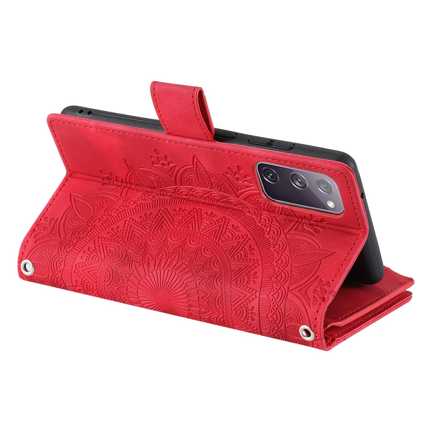 For Samsung Galaxy S20 FE 4G / 5G / S20 FE 2022 / S20 Lite Zipper Pocket Phone Case, Anti-fall Mandala Flower Imprinted PU Leather Stand Cover Multiple Card Slots Wallet - Rose