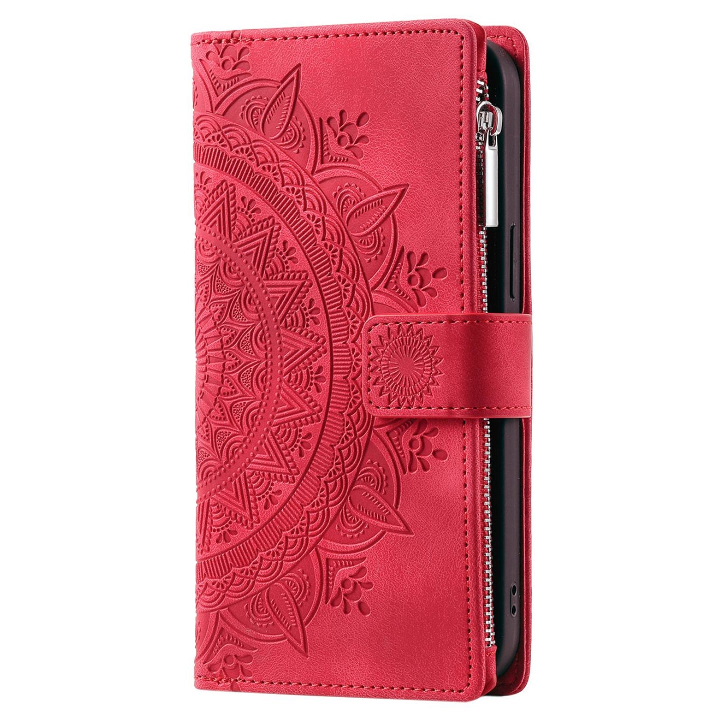 For Samsung Galaxy S20 FE 4G / 5G / S20 FE 2022 / S20 Lite Zipper Pocket Phone Case, Anti-fall Mandala Flower Imprinted PU Leather Stand Cover Multiple Card Slots Wallet - Rose