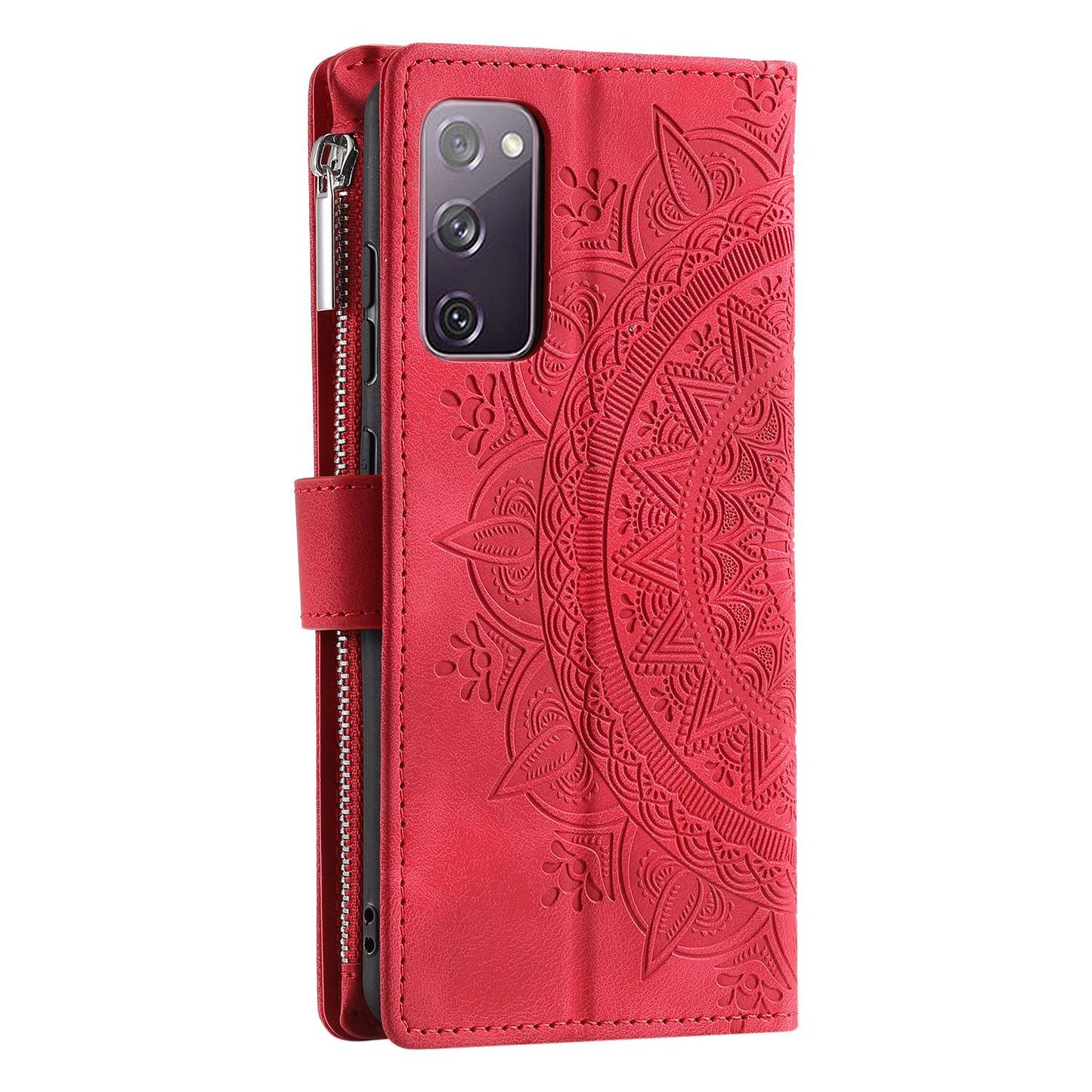 For Samsung Galaxy S20 FE 4G / 5G / S20 FE 2022 / S20 Lite Zipper Pocket Phone Case, Anti-fall Mandala Flower Imprinted PU Leather Stand Cover Multiple Card Slots Wallet - Rose