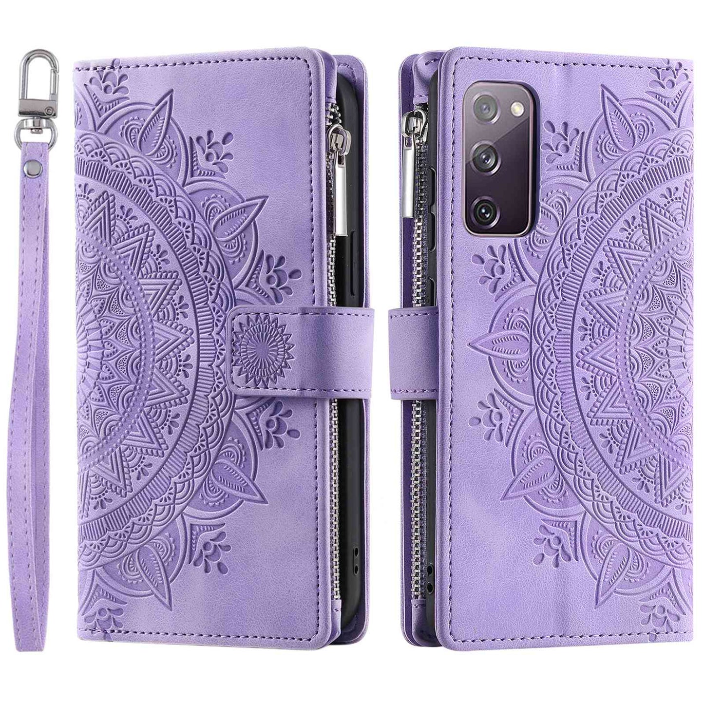 For Samsung Galaxy S20 FE 4G / 5G / S20 FE 2022 / S20 Lite Zipper Pocket Phone Case, Anti-fall Mandala Flower Imprinted PU Leather Stand Cover Multiple Card Slots Wallet - Purple
