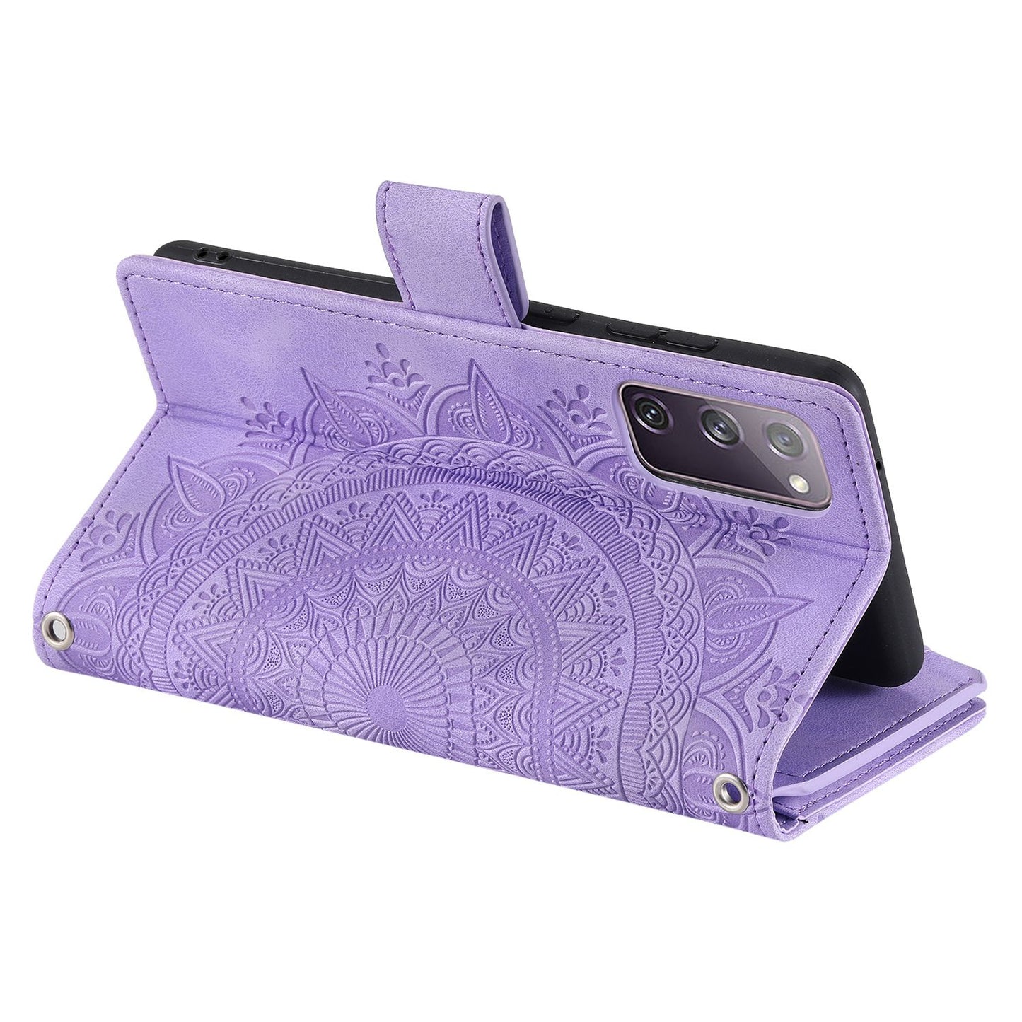 For Samsung Galaxy S20 FE 4G / 5G / S20 FE 2022 / S20 Lite Zipper Pocket Phone Case, Anti-fall Mandala Flower Imprinted PU Leather Stand Cover Multiple Card Slots Wallet - Purple
