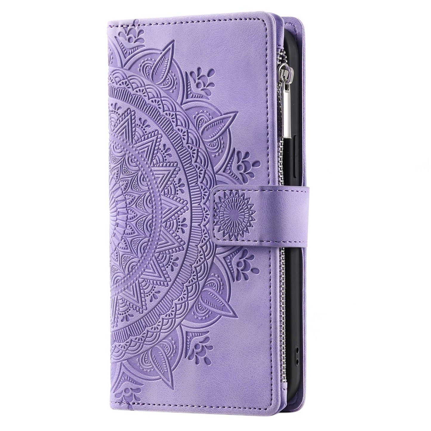 For Samsung Galaxy S20 FE 4G / 5G / S20 FE 2022 / S20 Lite Zipper Pocket Phone Case, Anti-fall Mandala Flower Imprinted PU Leather Stand Cover Multiple Card Slots Wallet - Purple