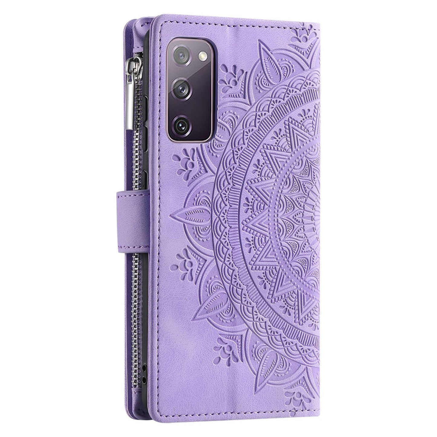For Samsung Galaxy S20 FE 4G / 5G / S20 FE 2022 / S20 Lite Zipper Pocket Phone Case, Anti-fall Mandala Flower Imprinted PU Leather Stand Cover Multiple Card Slots Wallet - Purple