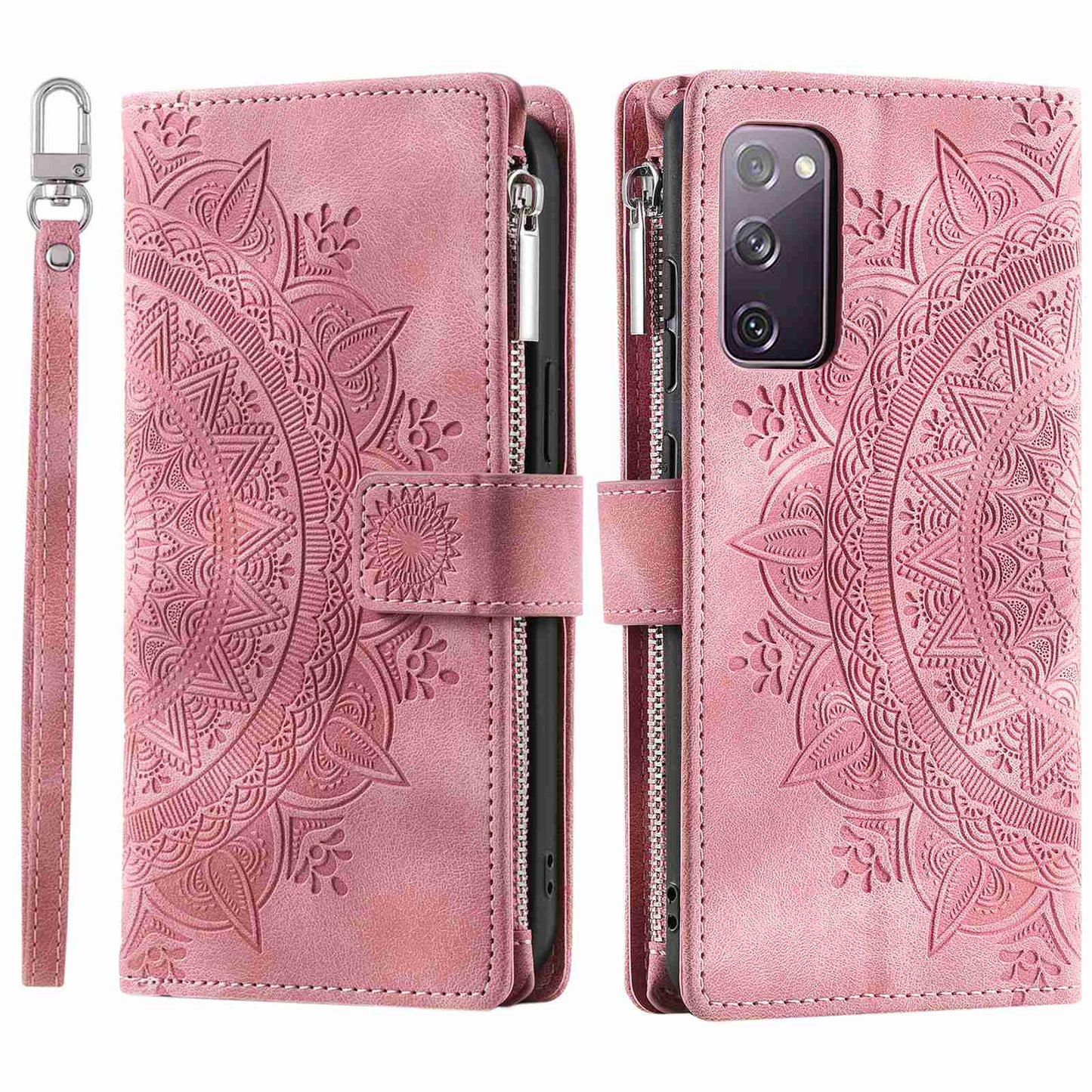 For Samsung Galaxy S20 FE 4G / 5G / S20 FE 2022 / S20 Lite Zipper Pocket Phone Case, Anti-fall Mandala Flower Imprinted PU Leather Stand Cover Multiple Card Slots Wallet - Rose Gold
