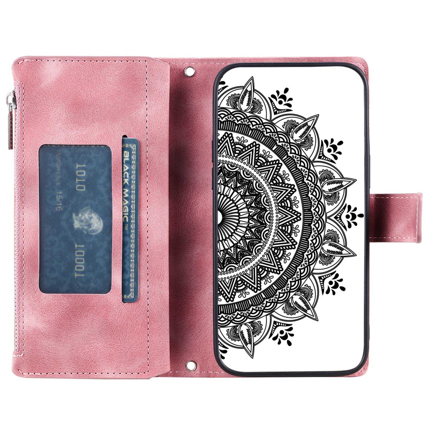 For Samsung Galaxy S20 FE 4G / 5G / S20 FE 2022 / S20 Lite Zipper Pocket Phone Case, Anti-fall Mandala Flower Imprinted PU Leather Stand Cover Multiple Card Slots Wallet - Rose Gold