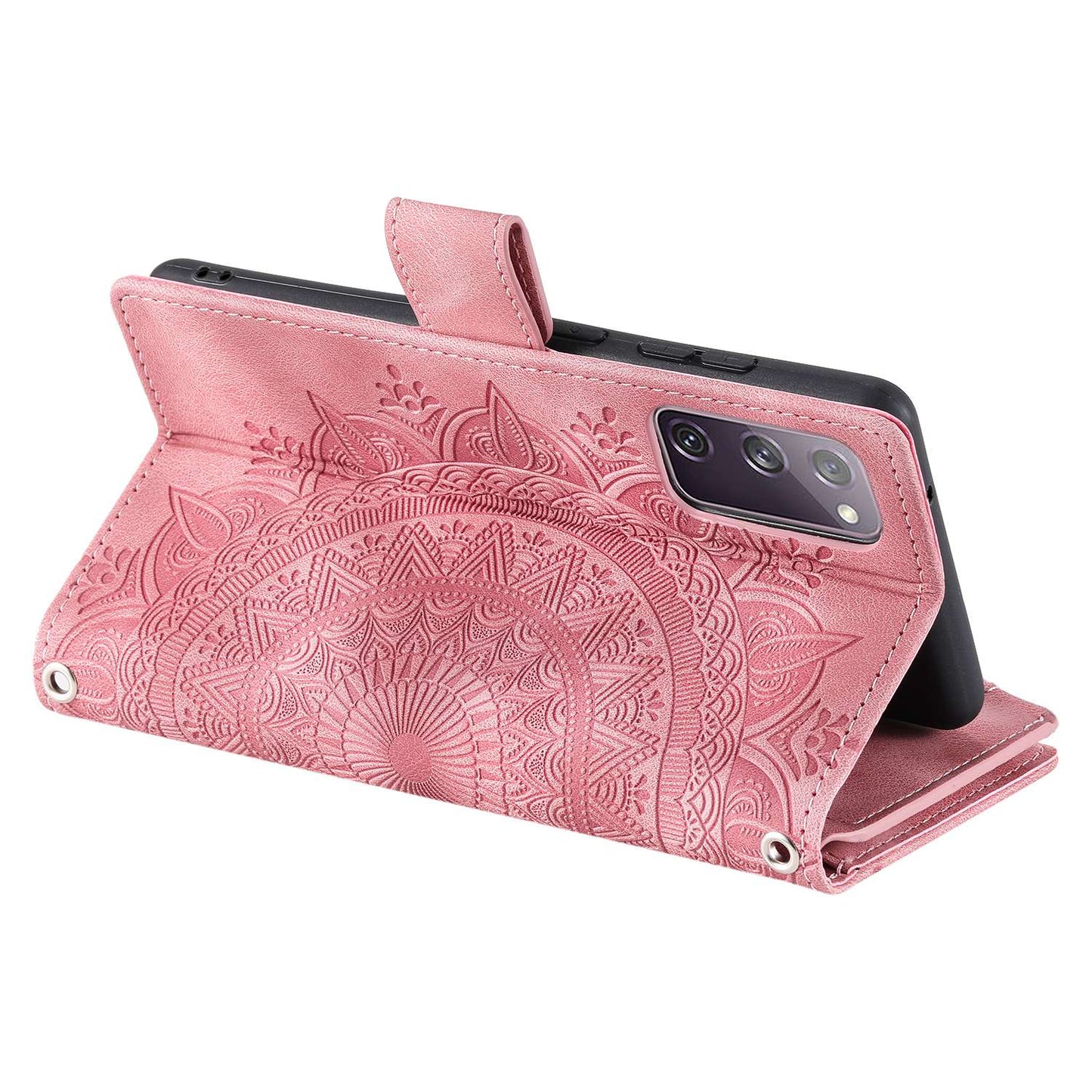 For Samsung Galaxy S20 FE 4G / 5G / S20 FE 2022 / S20 Lite Zipper Pocket Phone Case, Anti-fall Mandala Flower Imprinted PU Leather Stand Cover Multiple Card Slots Wallet - Rose Gold