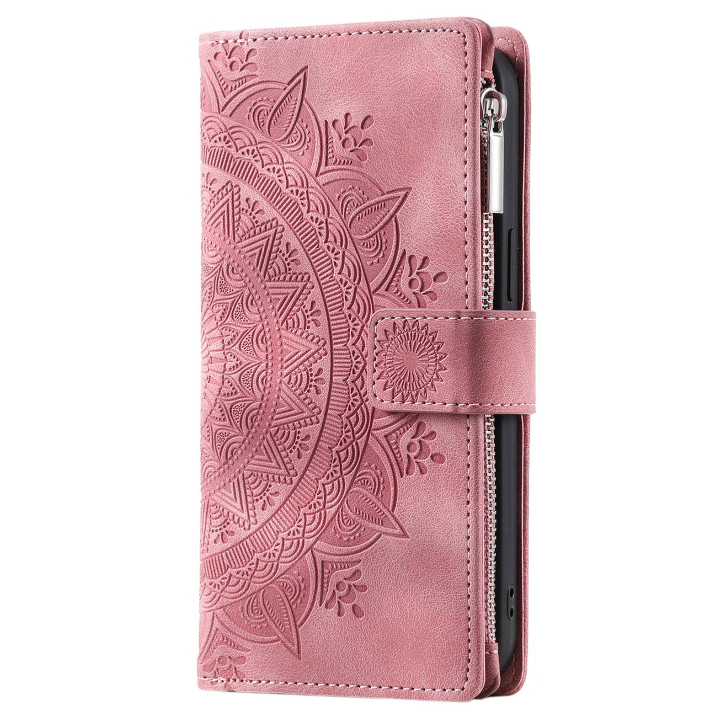 For Samsung Galaxy S20 FE 4G / 5G / S20 FE 2022 / S20 Lite Zipper Pocket Phone Case, Anti-fall Mandala Flower Imprinted PU Leather Stand Cover Multiple Card Slots Wallet - Rose Gold