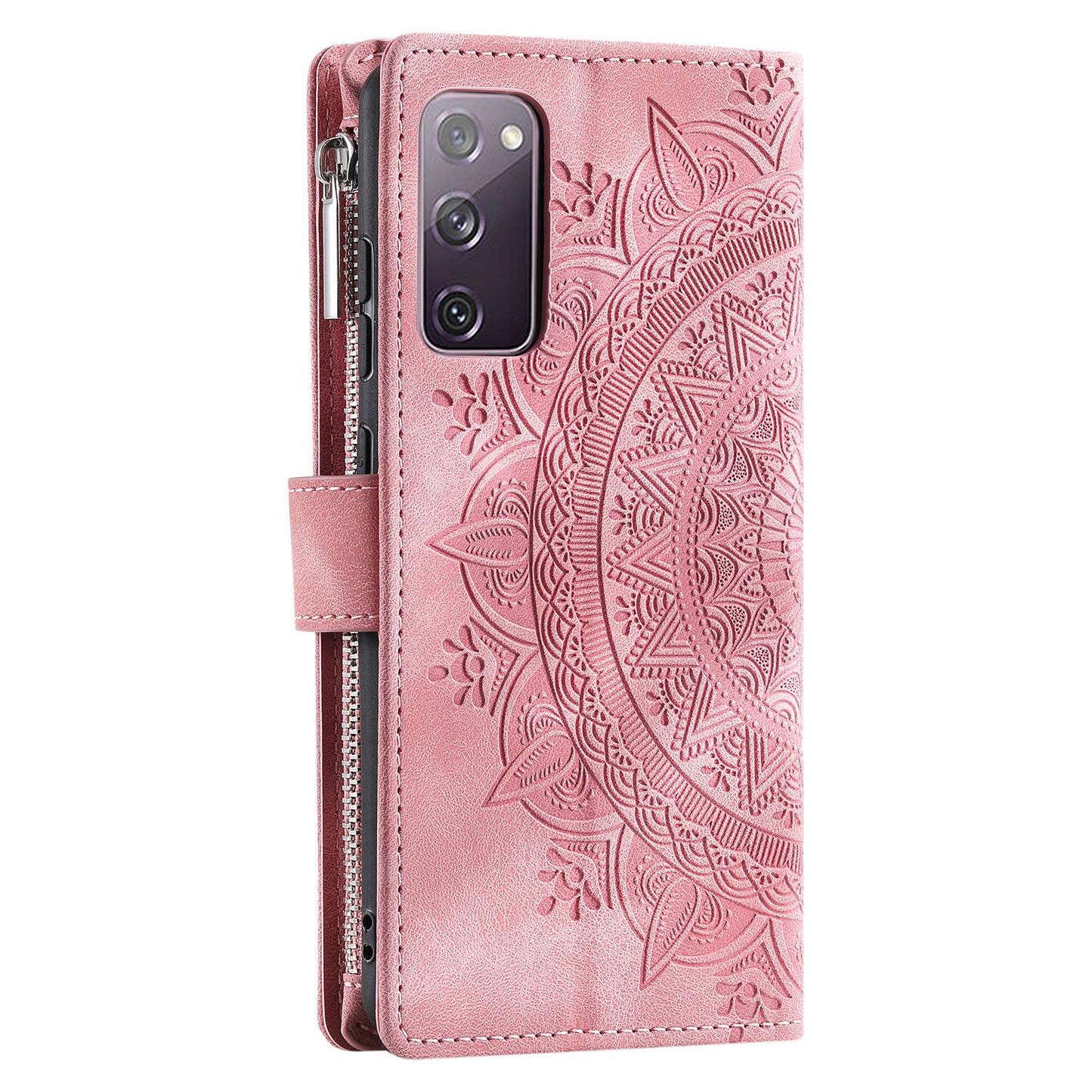 For Samsung Galaxy S20 FE 4G / 5G / S20 FE 2022 / S20 Lite Zipper Pocket Phone Case, Anti-fall Mandala Flower Imprinted PU Leather Stand Cover Multiple Card Slots Wallet - Rose Gold