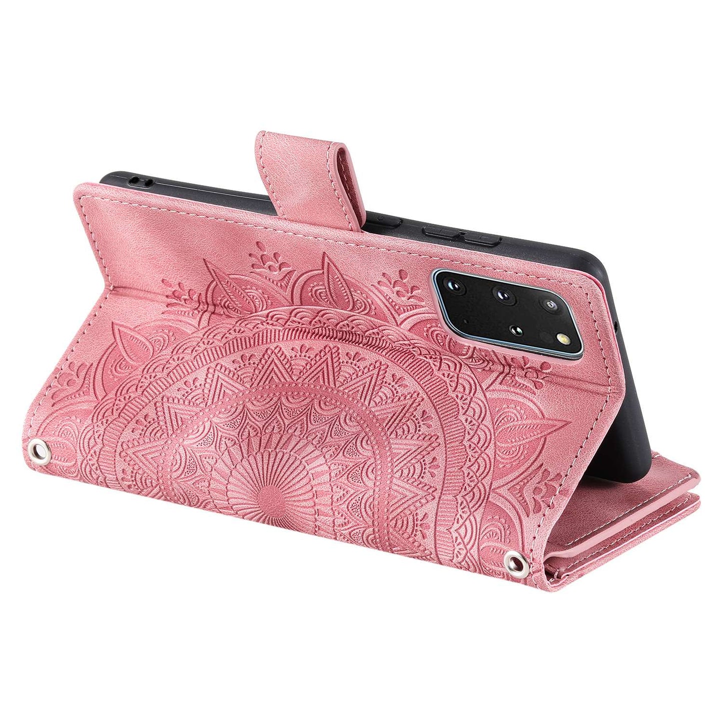 For Samsung Galaxy S20 Plus 4G / 5G Anti-scratch Phone Shell Zipper Pocket Mandala Flower Imprinted Multiple Card Slots Wallet PU Leather Stand Cover - Rose Gold