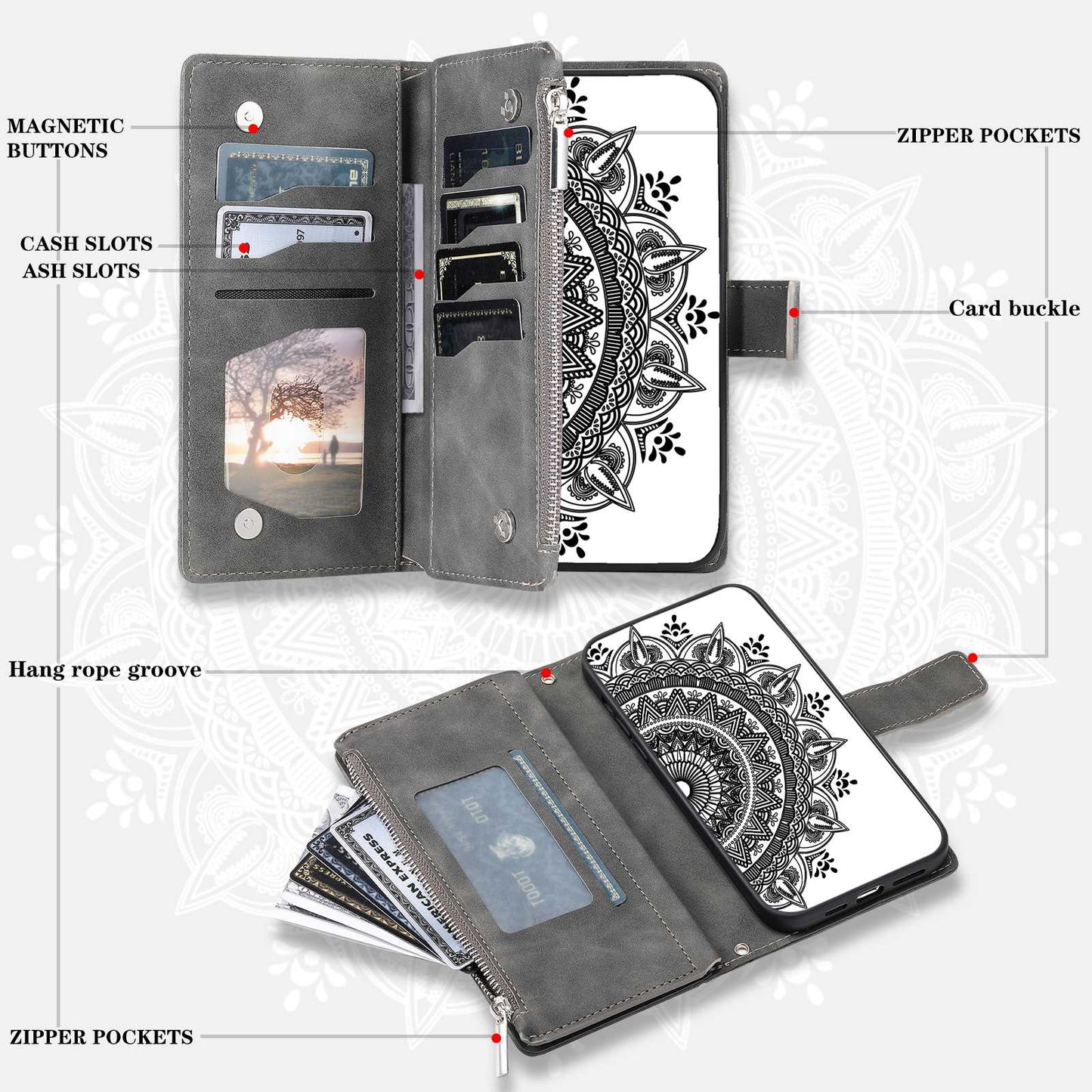 For Samsung Galaxy S20 Ultra Mandala Flower Imprinted Zipper Pocket Phone Case PU Leather Stand Cover Multiple Card Slots Wallet - Grey
