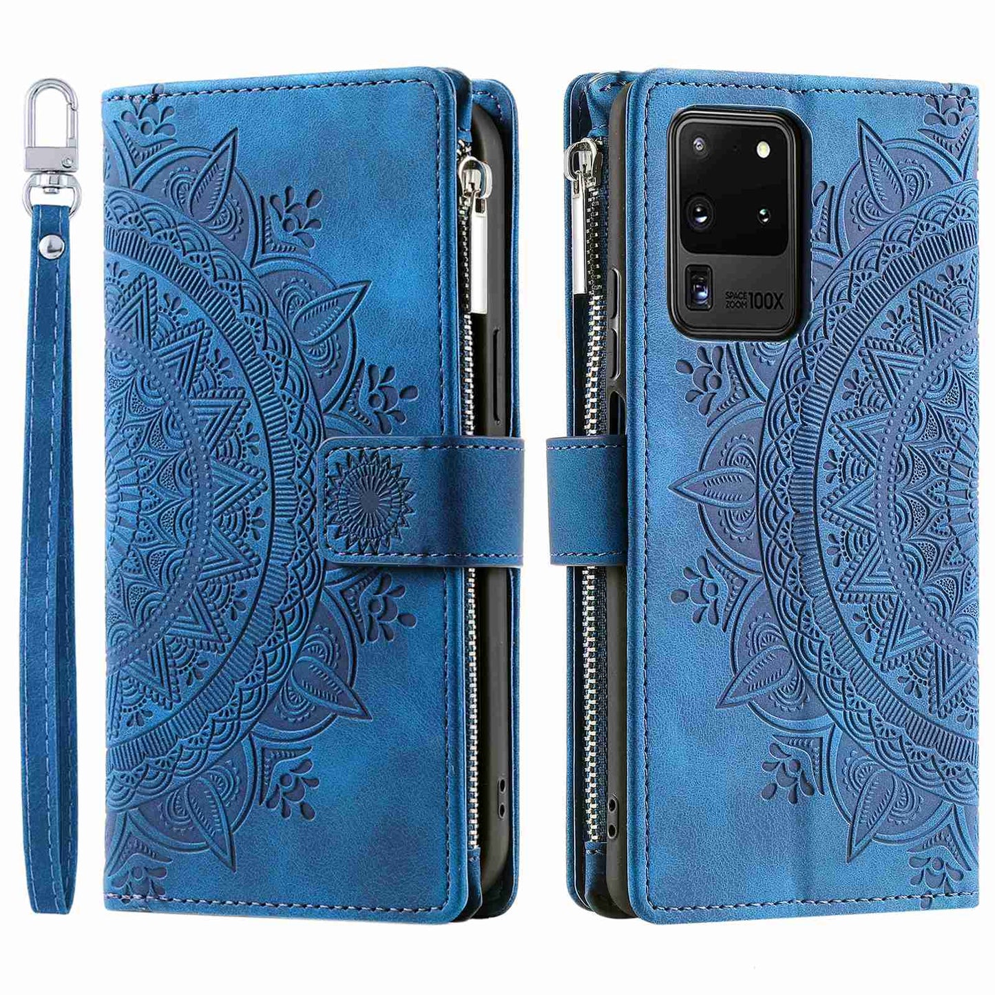 For Samsung Galaxy S20 Ultra Mandala Flower Imprinted Zipper Pocket Phone Case PU Leather Stand Cover Multiple Card Slots Wallet - Blue
