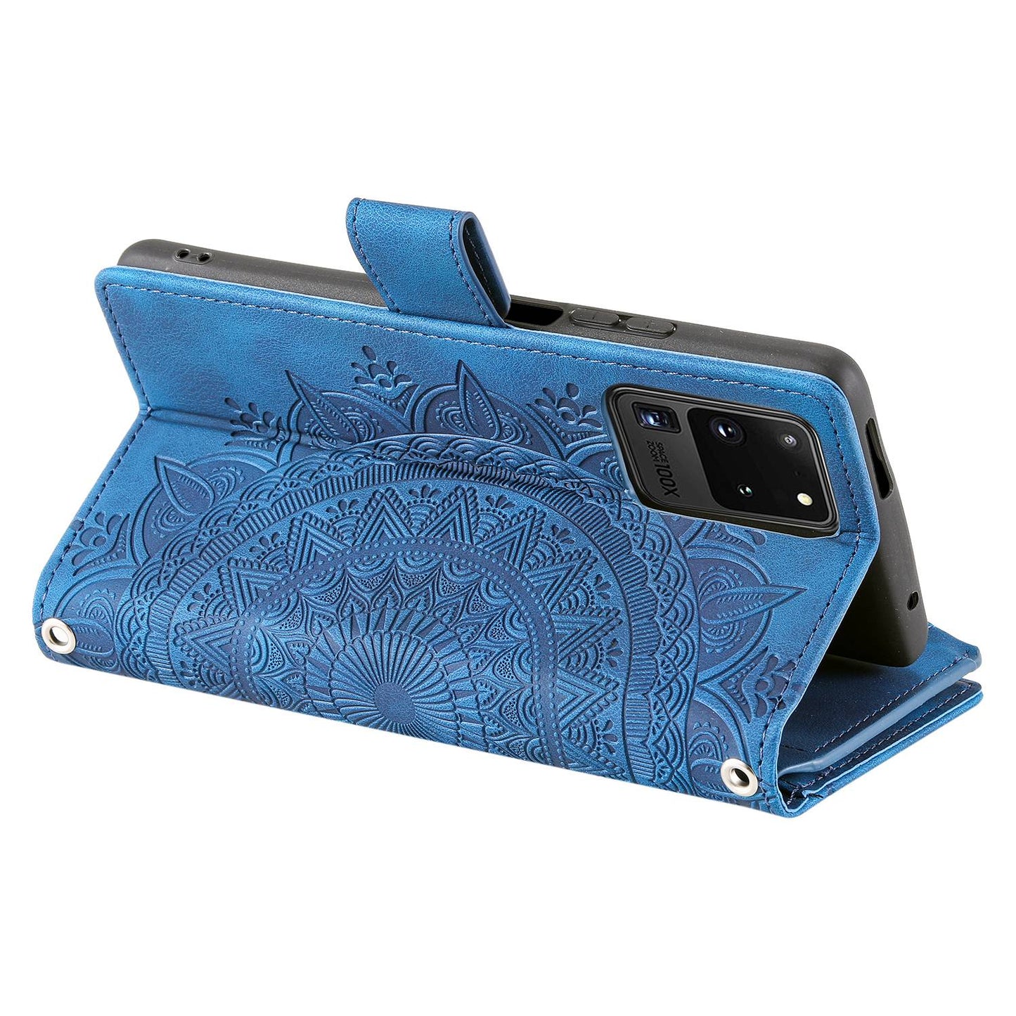 For Samsung Galaxy S20 Ultra Mandala Flower Imprinted Zipper Pocket Phone Case PU Leather Stand Cover Multiple Card Slots Wallet - Blue