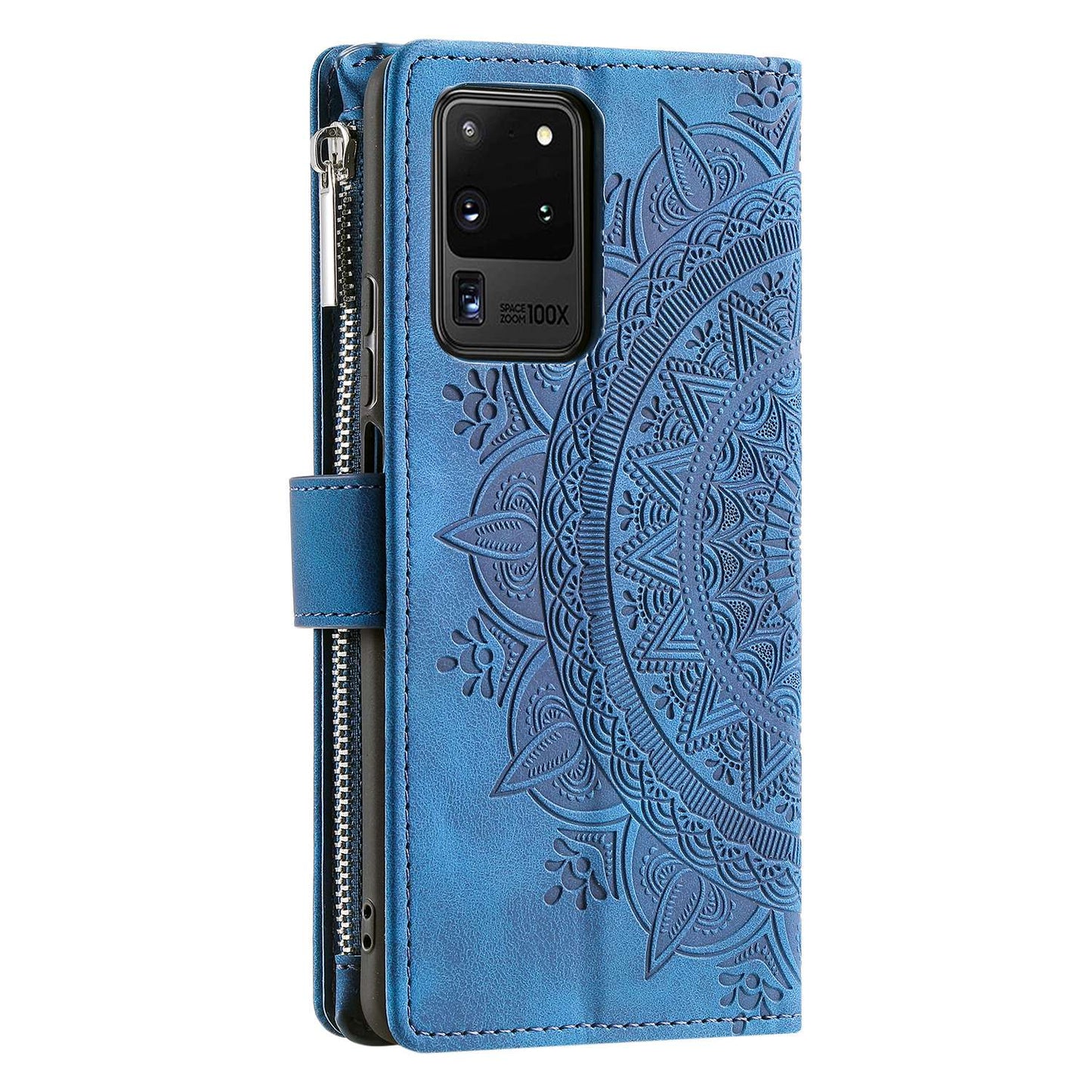 For Samsung Galaxy S20 Ultra Mandala Flower Imprinted Zipper Pocket Phone Case PU Leather Stand Cover Multiple Card Slots Wallet - Blue