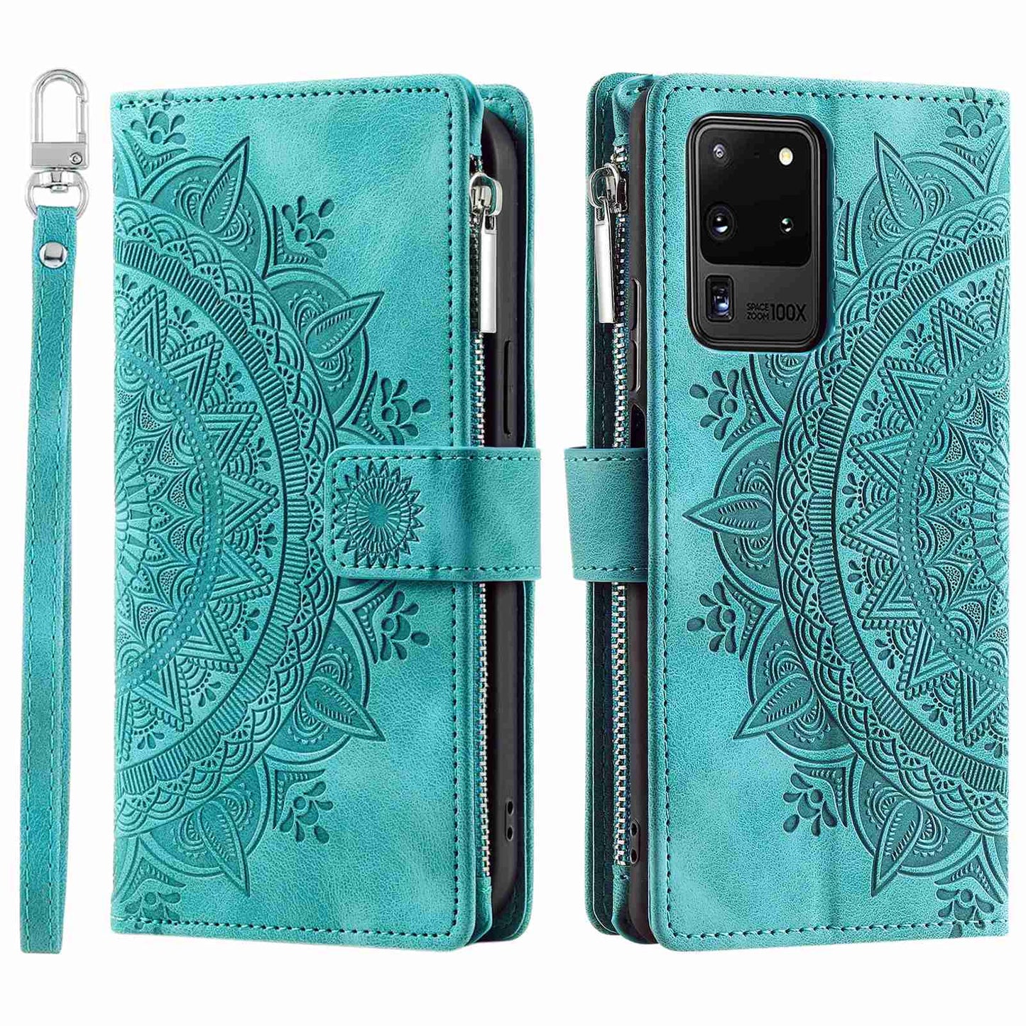For Samsung Galaxy S20 Ultra Mandala Flower Imprinted Zipper Pocket Phone Case PU Leather Stand Cover Multiple Card Slots Wallet - Green