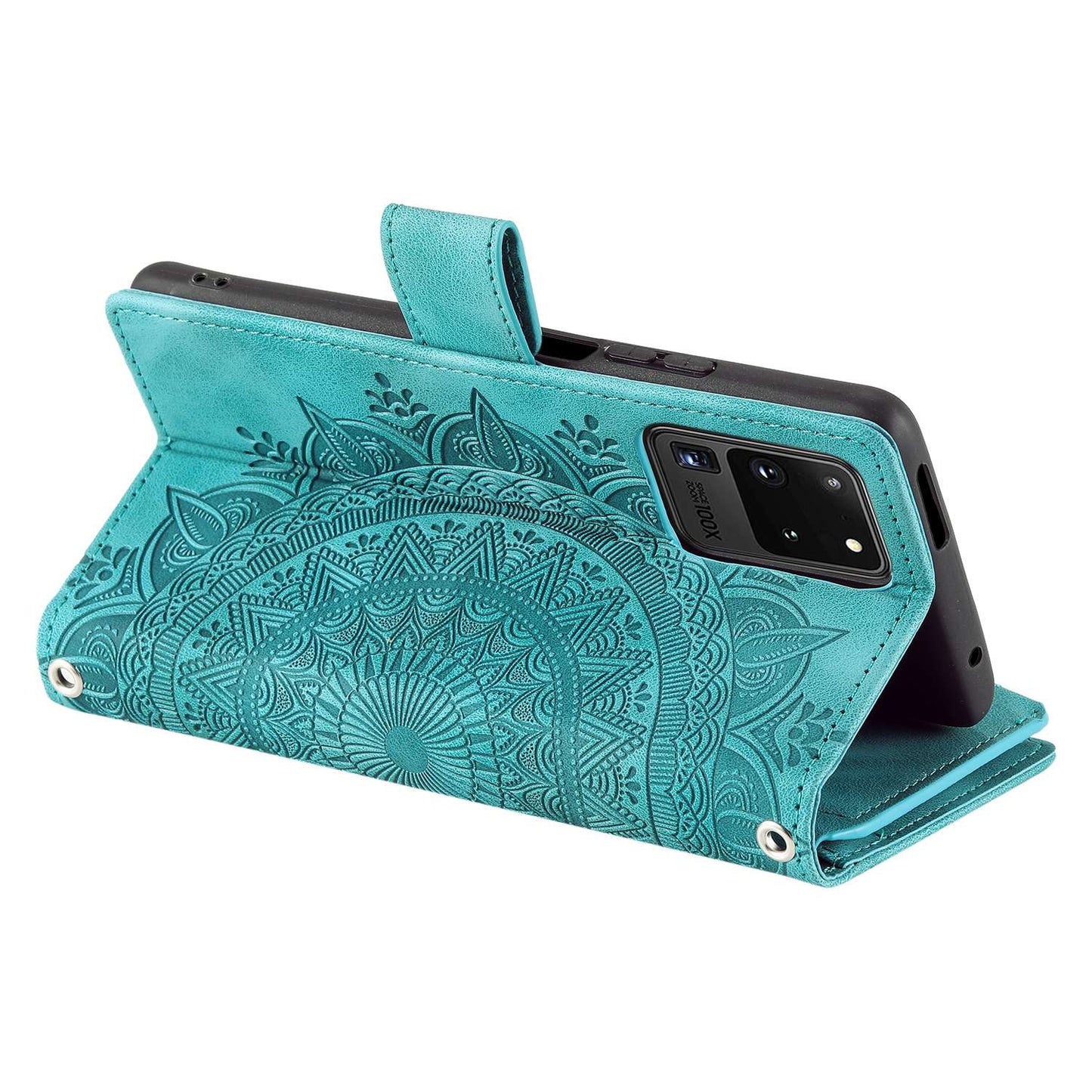 For Samsung Galaxy S20 Ultra Mandala Flower Imprinted Zipper Pocket Phone Case PU Leather Stand Cover Multiple Card Slots Wallet - Green