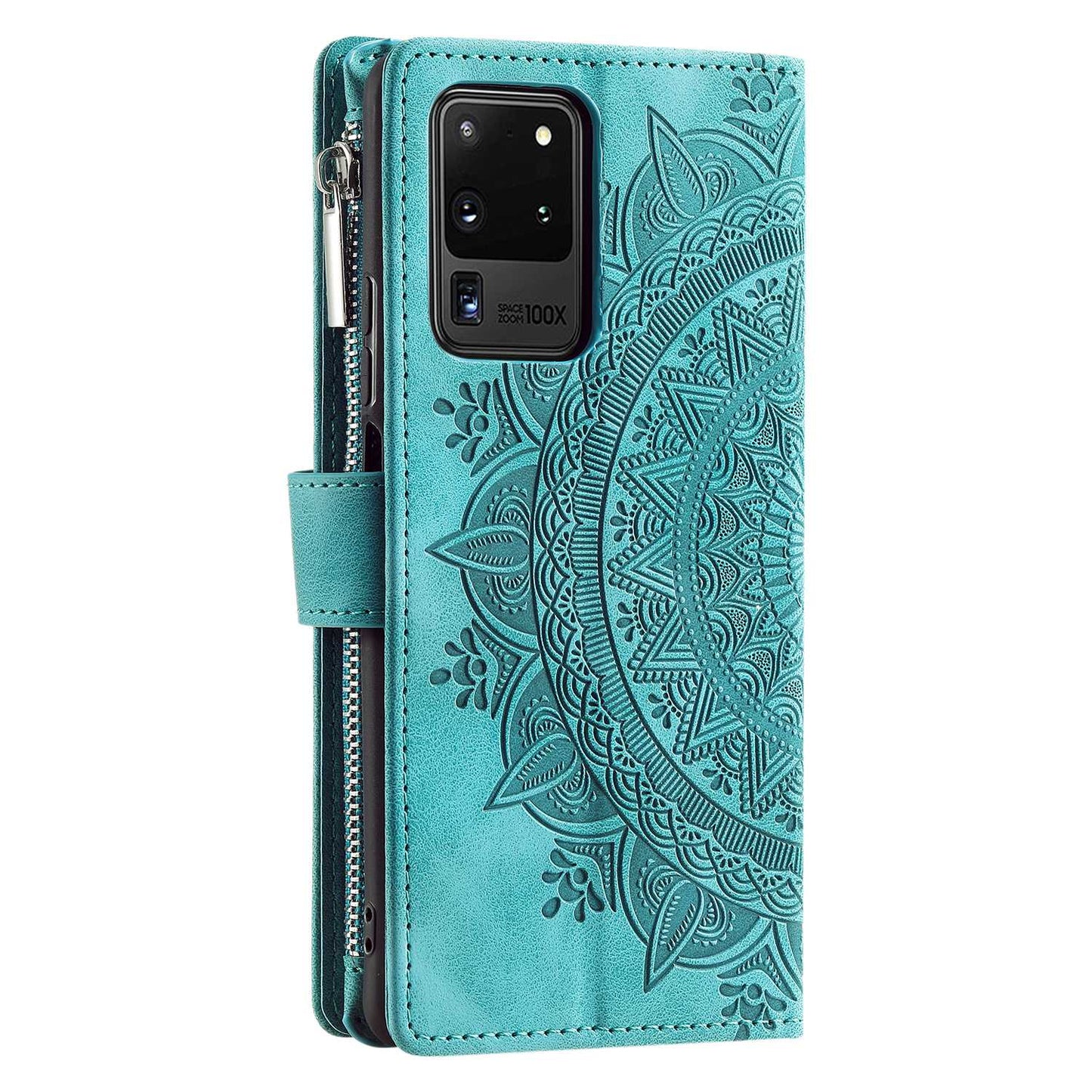 For Samsung Galaxy S20 Ultra Mandala Flower Imprinted Zipper Pocket Phone Case PU Leather Stand Cover Multiple Card Slots Wallet - Green