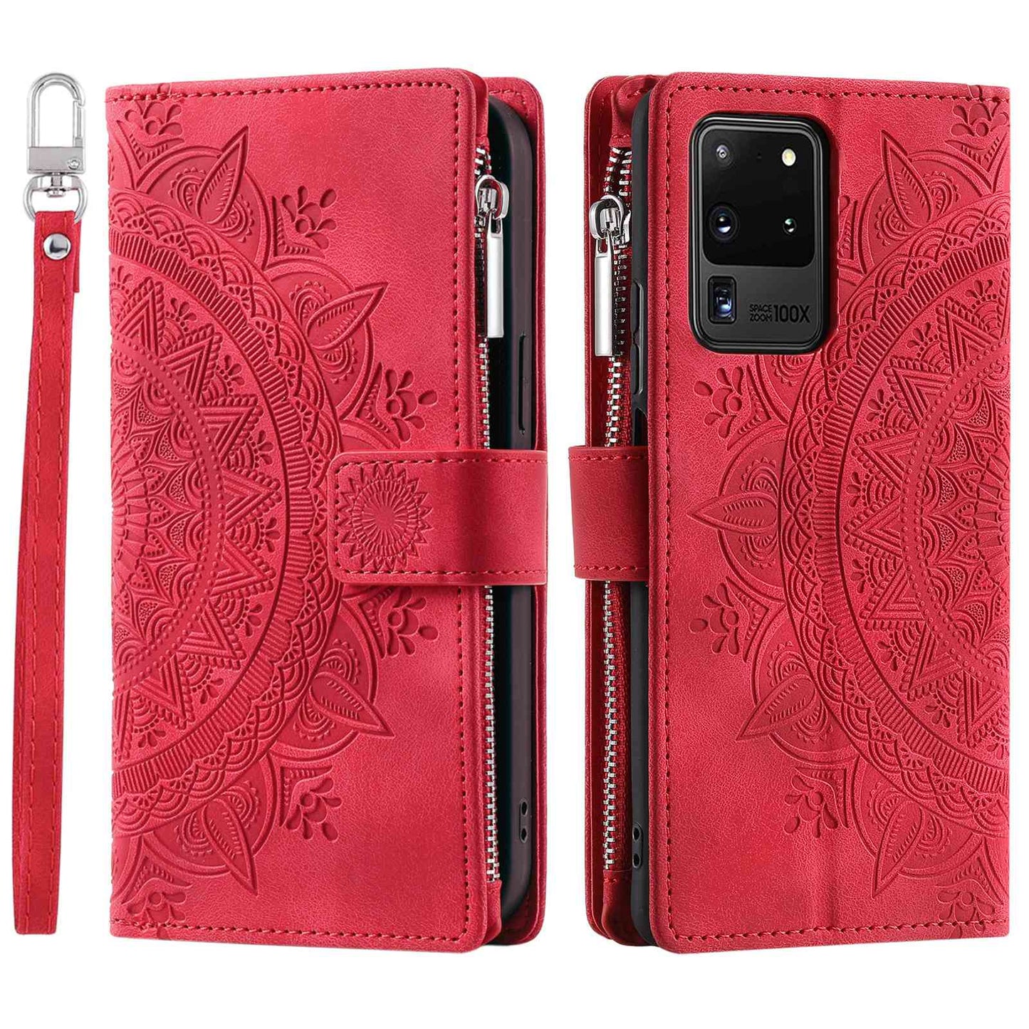 For Samsung Galaxy S20 Ultra Mandala Flower Imprinted Zipper Pocket Phone Case PU Leather Stand Cover Multiple Card Slots Wallet - Rose