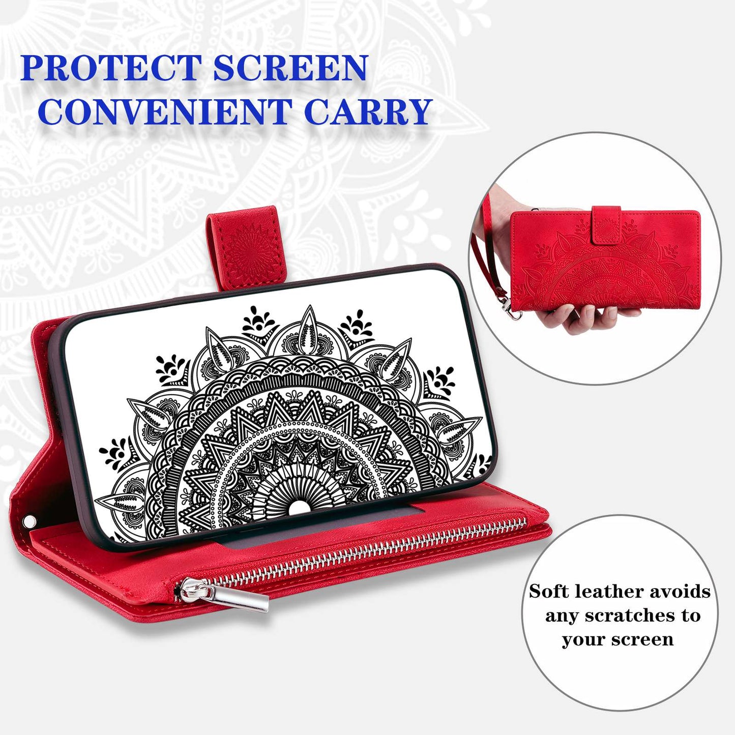 For Samsung Galaxy S20 Ultra Mandala Flower Imprinted Zipper Pocket Phone Case PU Leather Stand Cover Multiple Card Slots Wallet - Rose