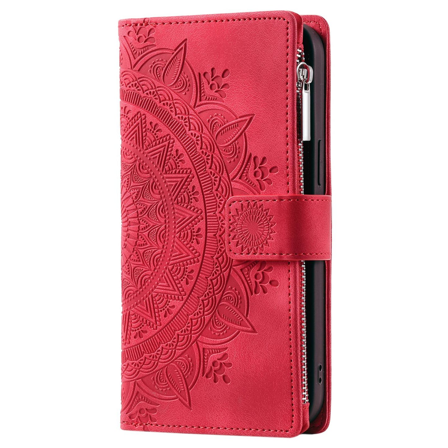 For Samsung Galaxy S20 Ultra Mandala Flower Imprinted Zipper Pocket Phone Case PU Leather Stand Cover Multiple Card Slots Wallet - Rose