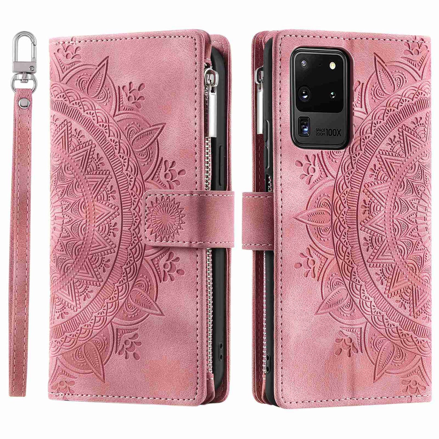 For Samsung Galaxy S20 Ultra Mandala Flower Imprinted Zipper Pocket Phone Case PU Leather Stand Cover Multiple Card Slots Wallet - Rose Gold