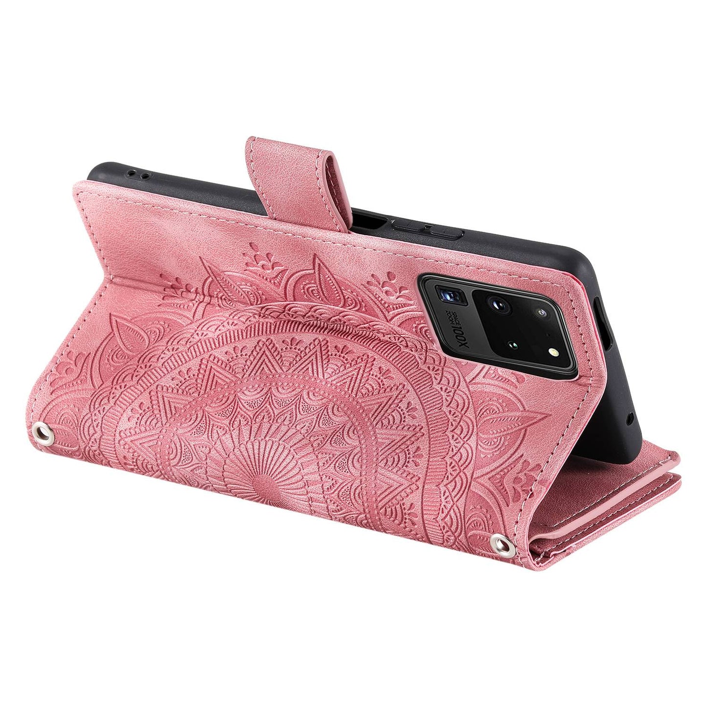 For Samsung Galaxy S20 Ultra Mandala Flower Imprinted Zipper Pocket Phone Case PU Leather Stand Cover Multiple Card Slots Wallet - Rose Gold