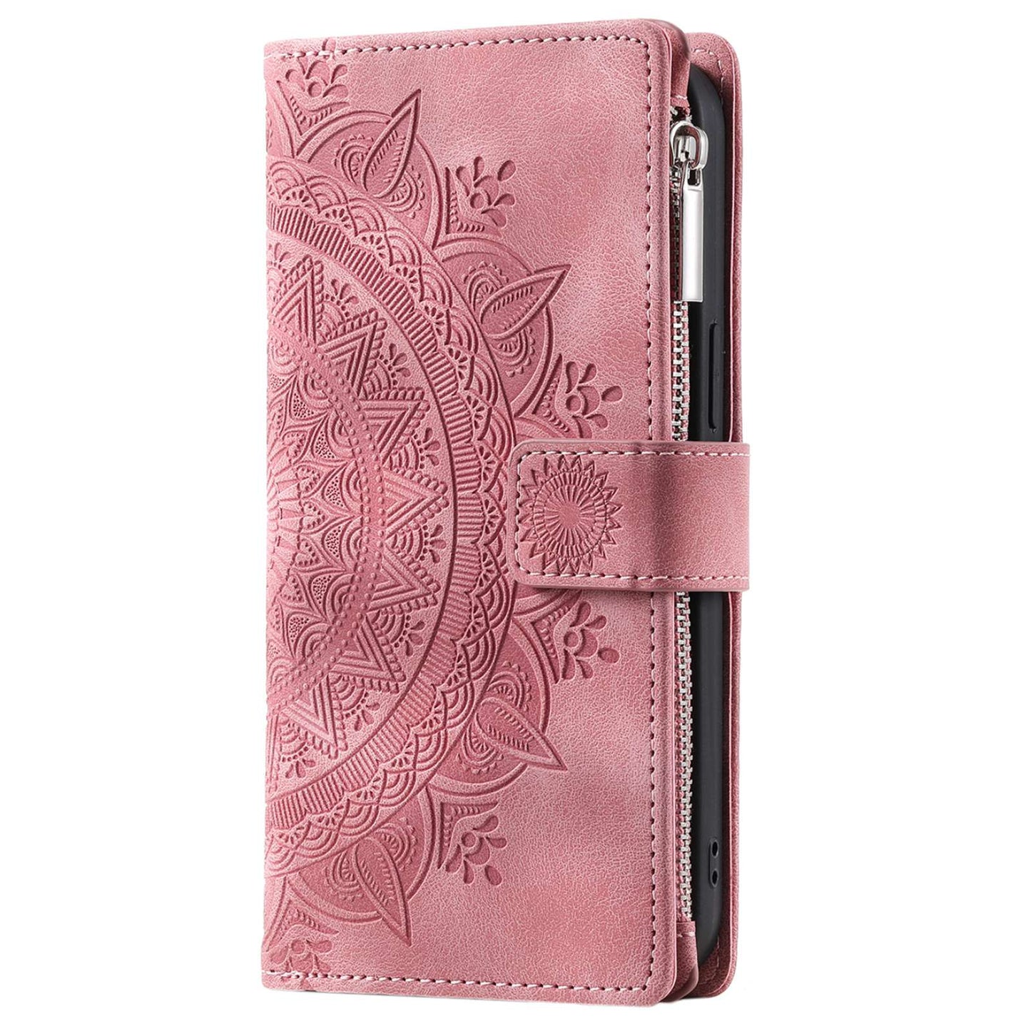 For Samsung Galaxy S20 Ultra Mandala Flower Imprinted Zipper Pocket Phone Case PU Leather Stand Cover Multiple Card Slots Wallet - Rose Gold