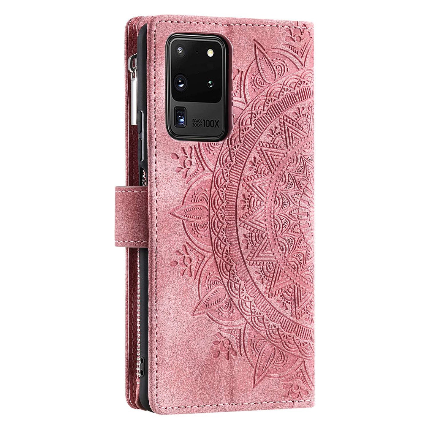 For Samsung Galaxy S20 Ultra Mandala Flower Imprinted Zipper Pocket Phone Case PU Leather Stand Cover Multiple Card Slots Wallet - Rose Gold