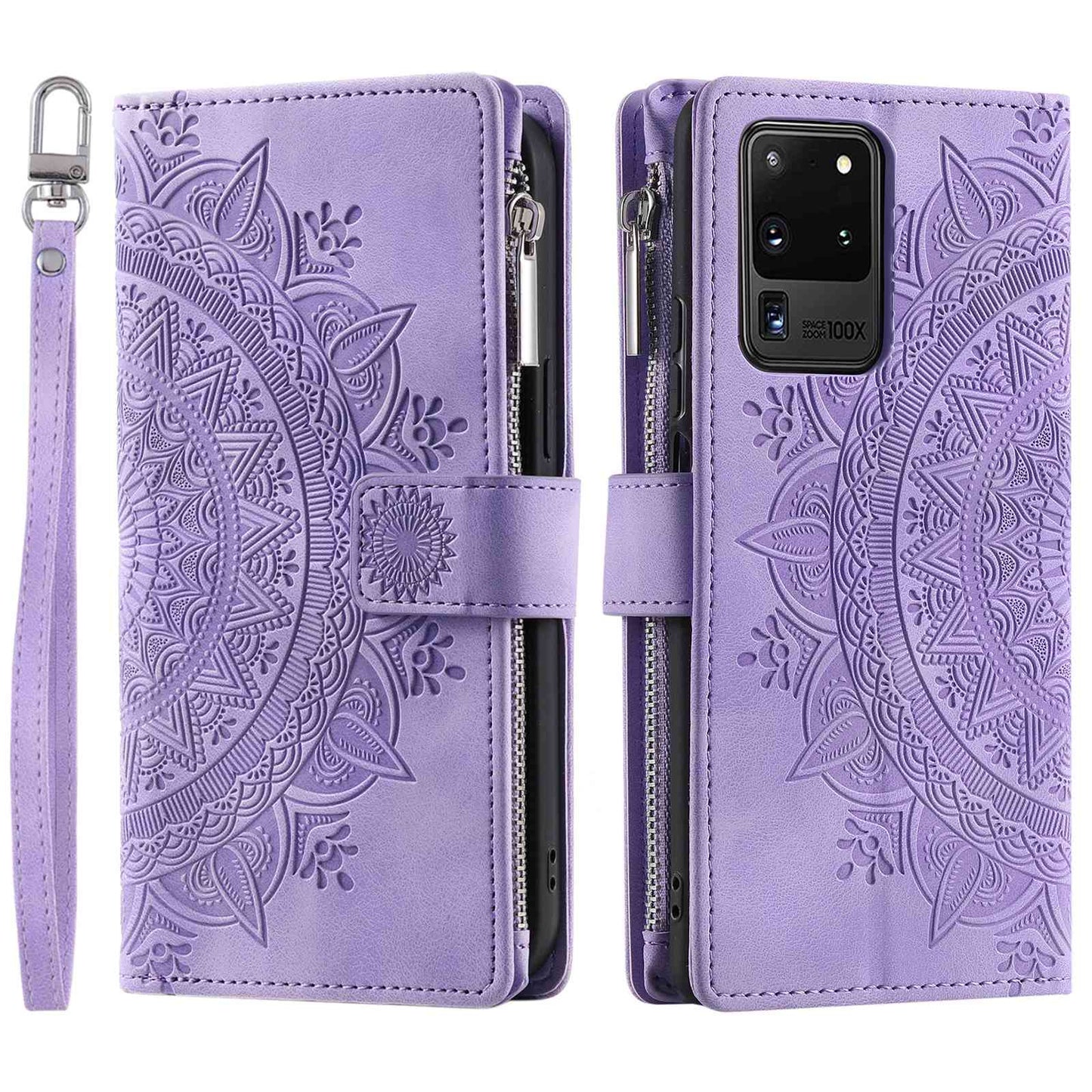 For Samsung Galaxy S20 Ultra Mandala Flower Imprinted Zipper Pocket Phone Case PU Leather Stand Cover Multiple Card Slots Wallet - Purple